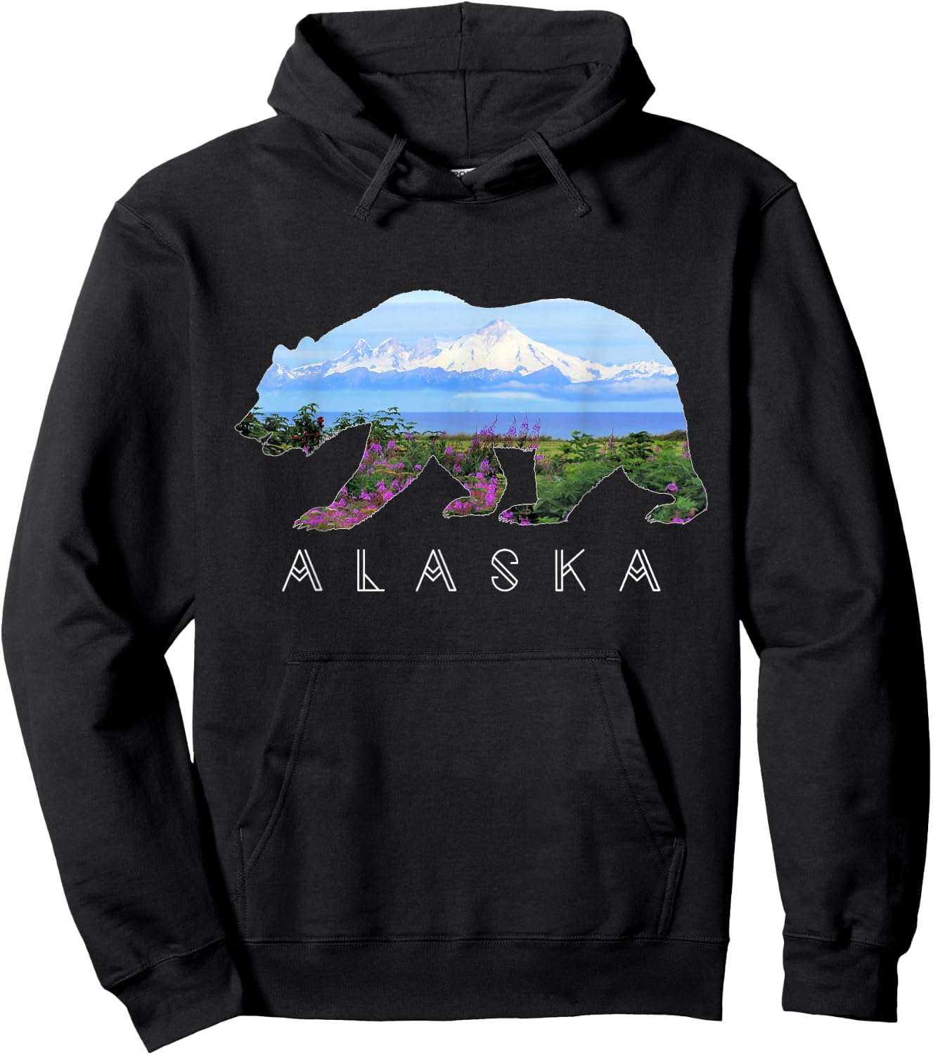 Alaskan Bear with Wildflowers & Mountain Snow Hoodie - Hoodie | Black