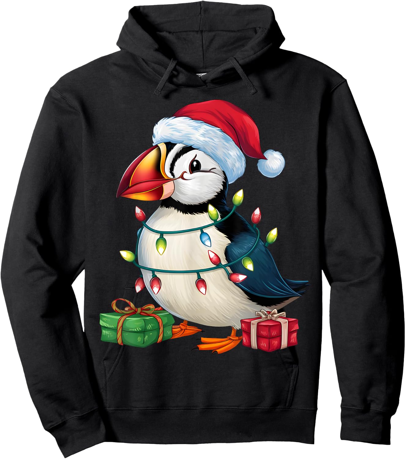 Puffin Bird Lover Xmas Lighting Santa Hat Puffin Christmas Hoodie - Hoodie | Black