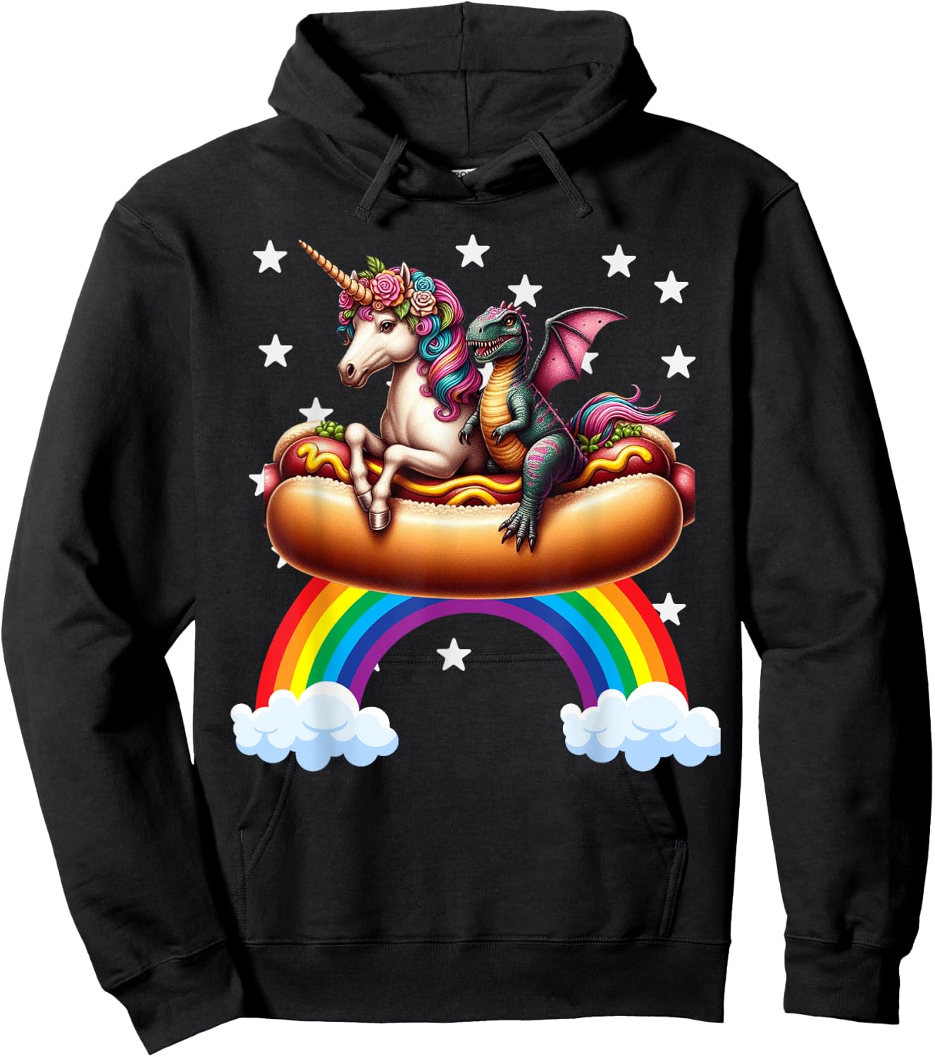 Unicorn Riding Hot Dog Boys Girls Women Kids Teens Dinosaur Hoodie - Hoodie | Black