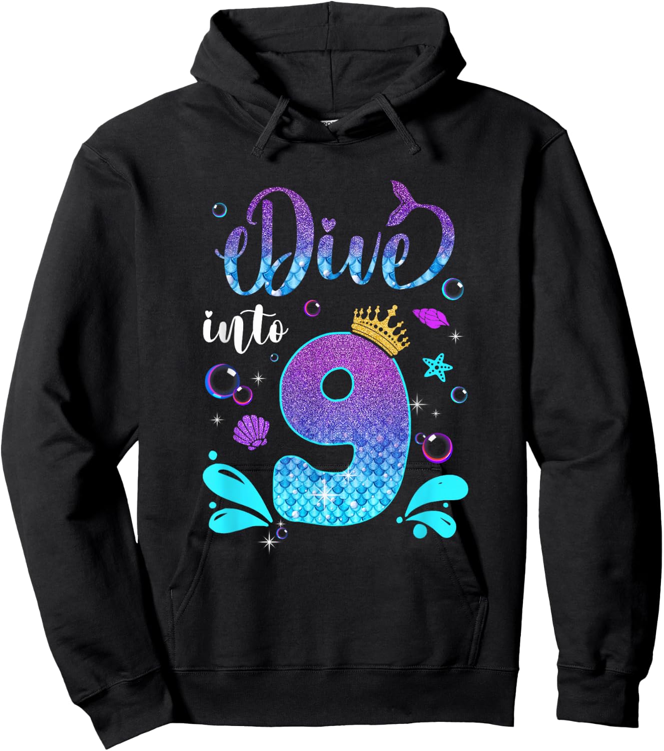 Dive Into 9 Birthday Decorations Girl 9Th Birthday Mermaid Hoodie - Hoodie | Black