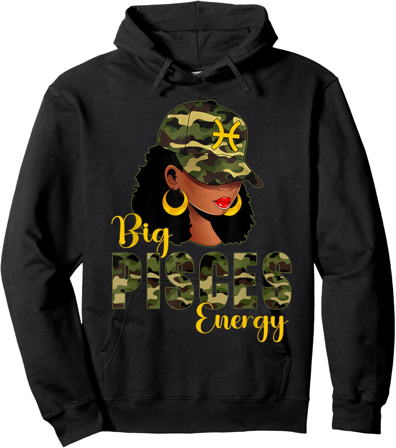 Big Pisces Energy Camouflage Black Woman Cap Zodiac Hoodie - Hoodie | Black