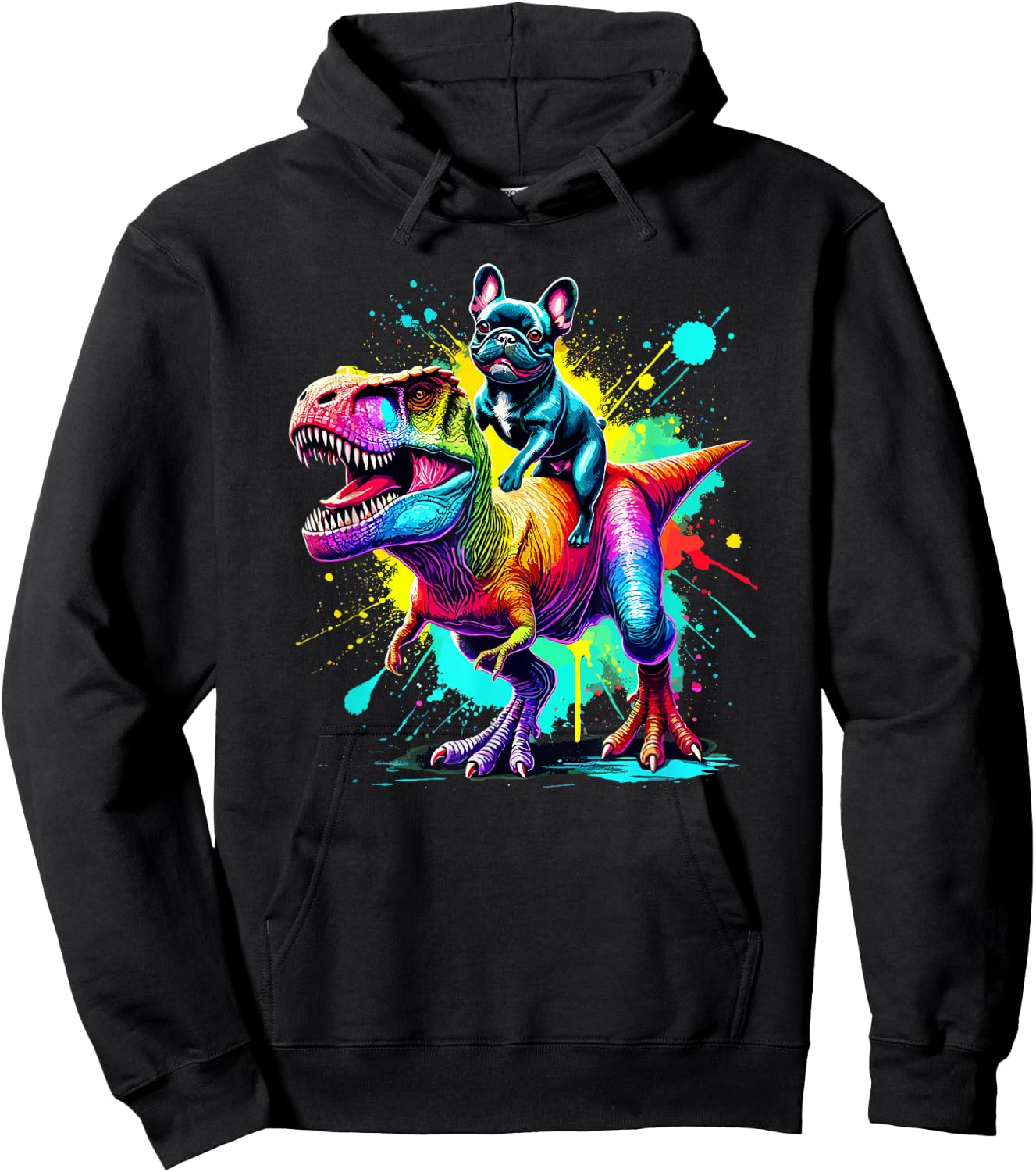 Splash Art Dinosaur T-Rex French Bulldog Frenchie Hoodie - Hoodie | Black