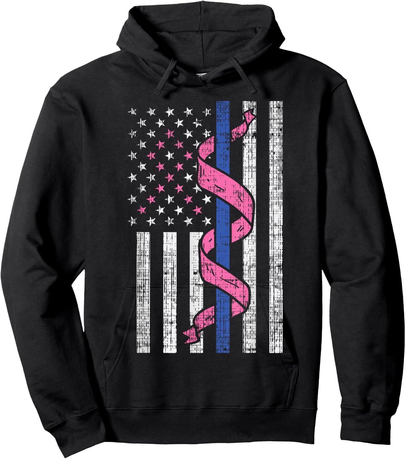 Blue Line Police US Flag Pink Ribbon Breast Cancer Awareness Hoodie - Hoodie | Black