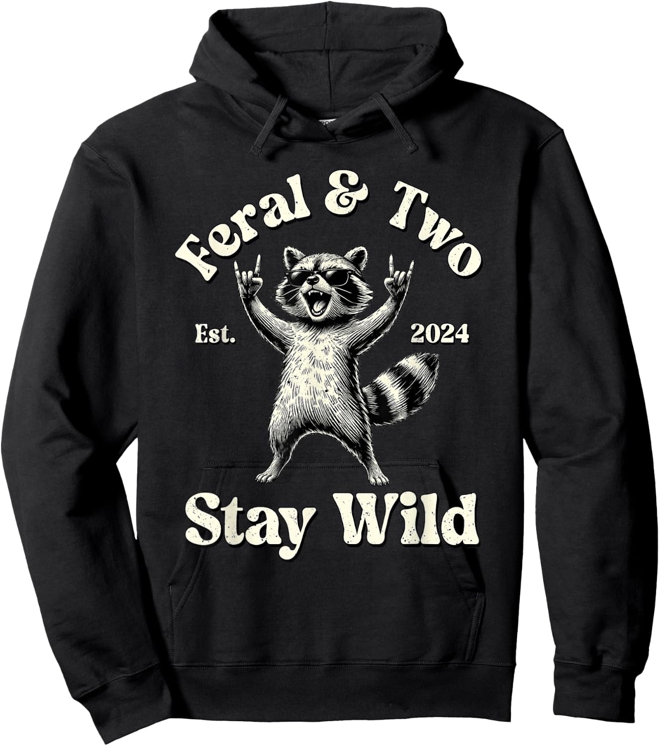 Feral & Two Est 2024 Stay Wild Raccoon 2nd Birthday Boy Hoodie - Hoodie | Black