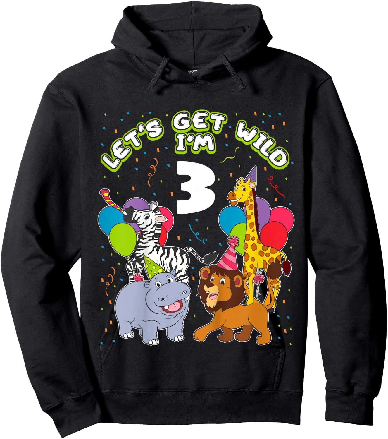 Kids Safari Birthday 3 Zoo Animals Lets get Wild I'm 3 Party Gift Hoodie - Hoodie | Black
