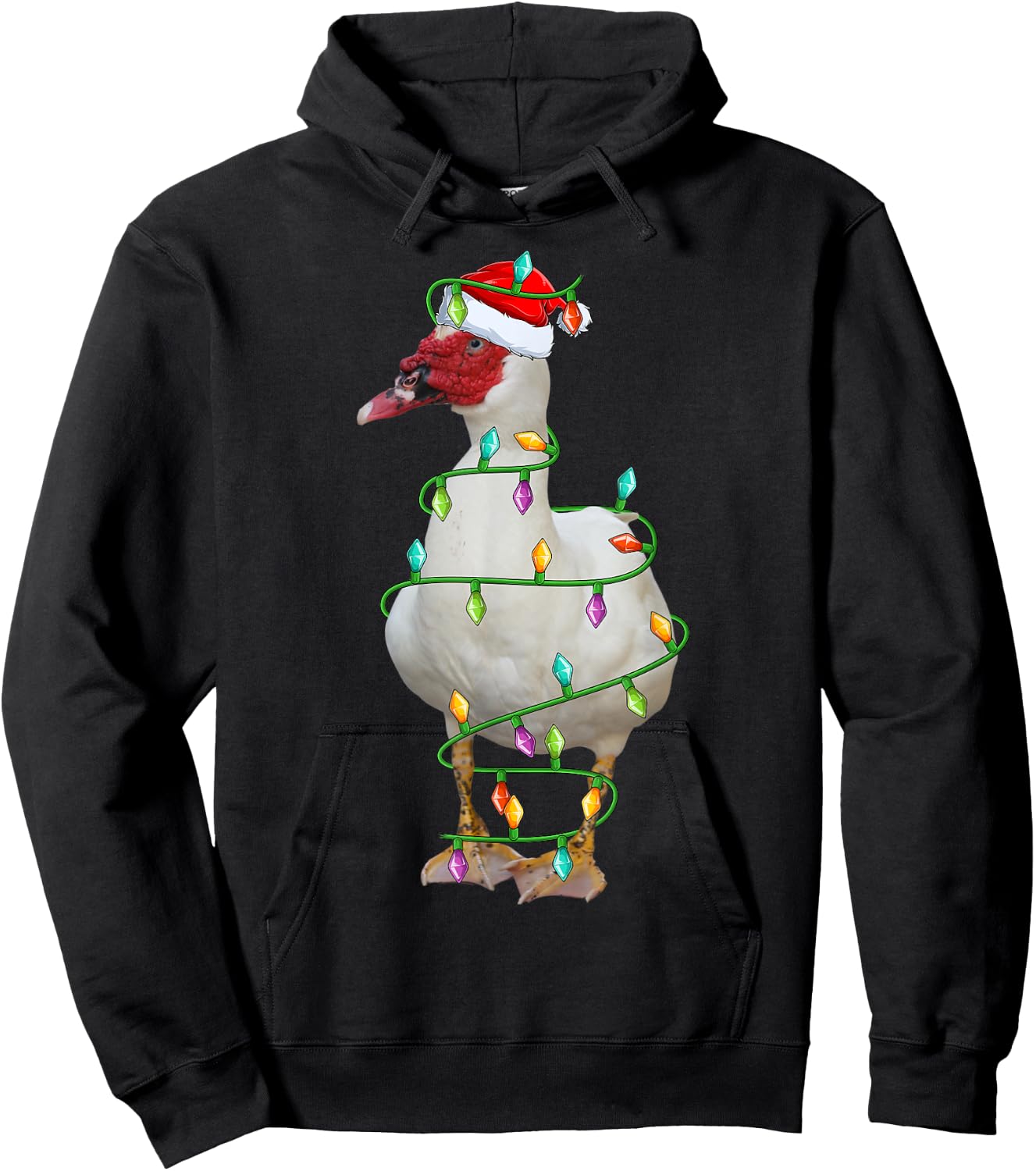 Xmas Lights Santa Hat Muscovy Duck Bird Christmas Hoodie - Hoodie | Black