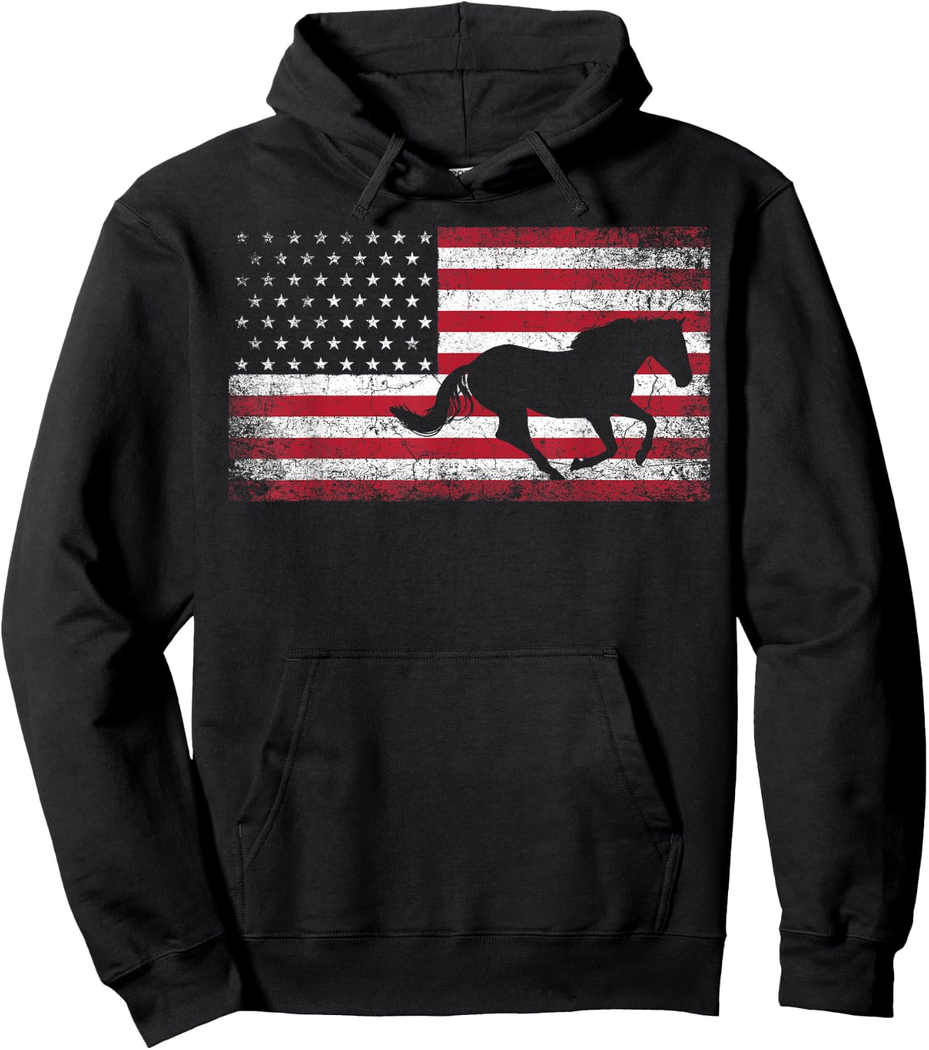 American Flag 4th of July Horse Patriotic Vintage Men Women Hoodie - Hoodie | Black
