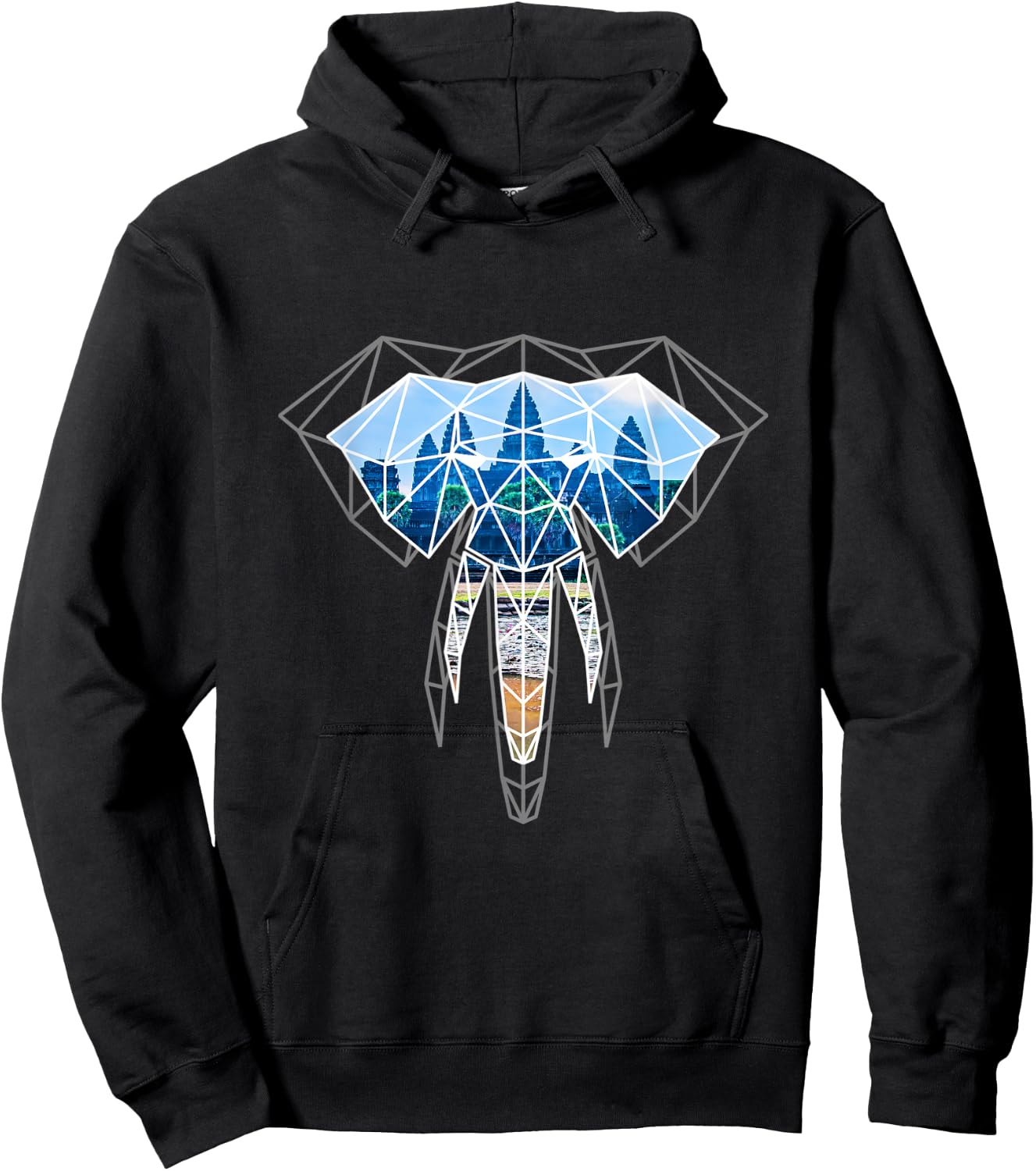 Cambodia Elephant Angkor Geometric Origami Graphic Hoodie - Hoodie | Black