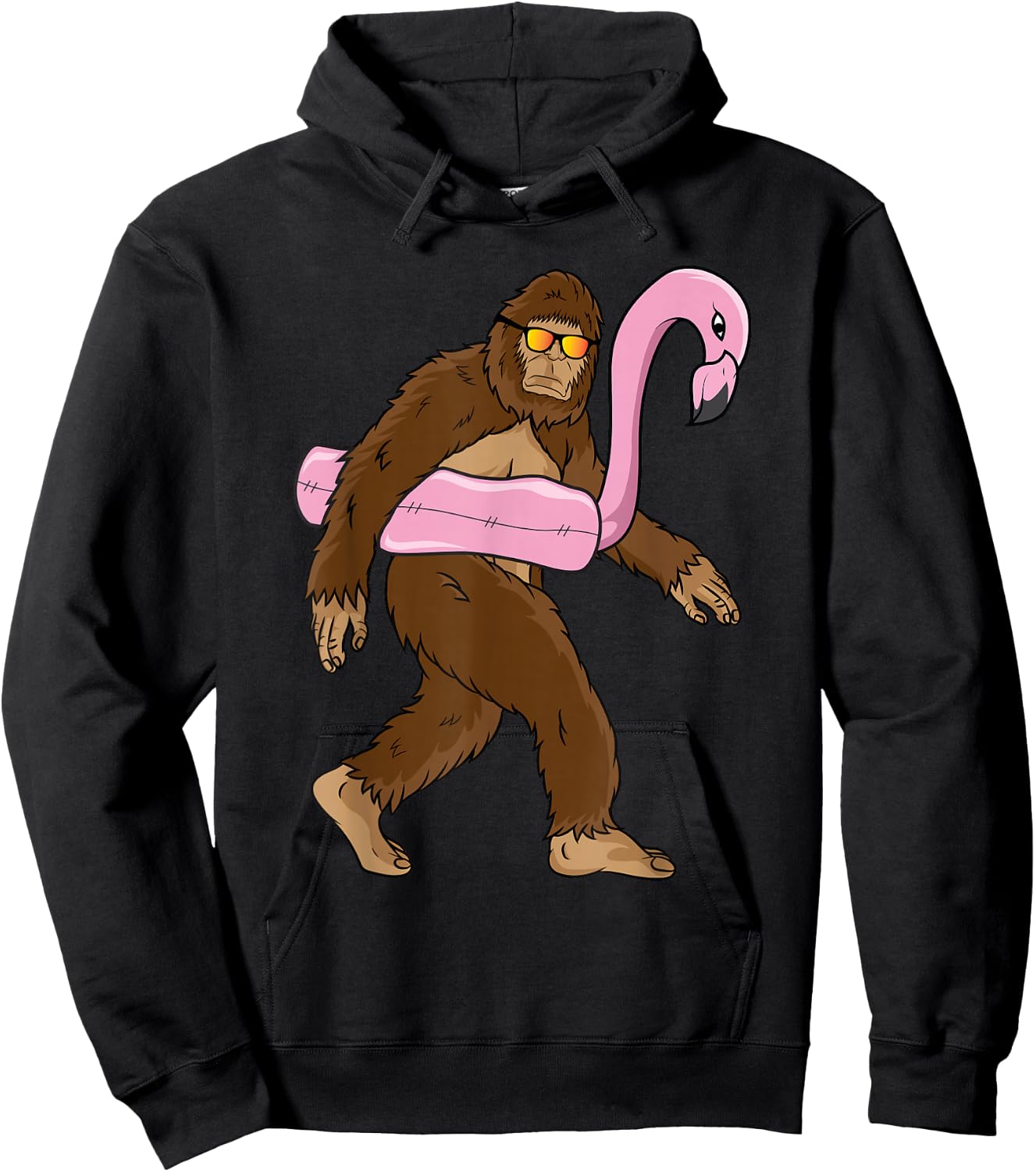 Vacation Summer Swimming Souvenir Funny Gift Ideas Pool Party Bigfoot Pink Float Flamingo Sasquatch Bird Lover -Adults Hoodie - Hoodie | Black