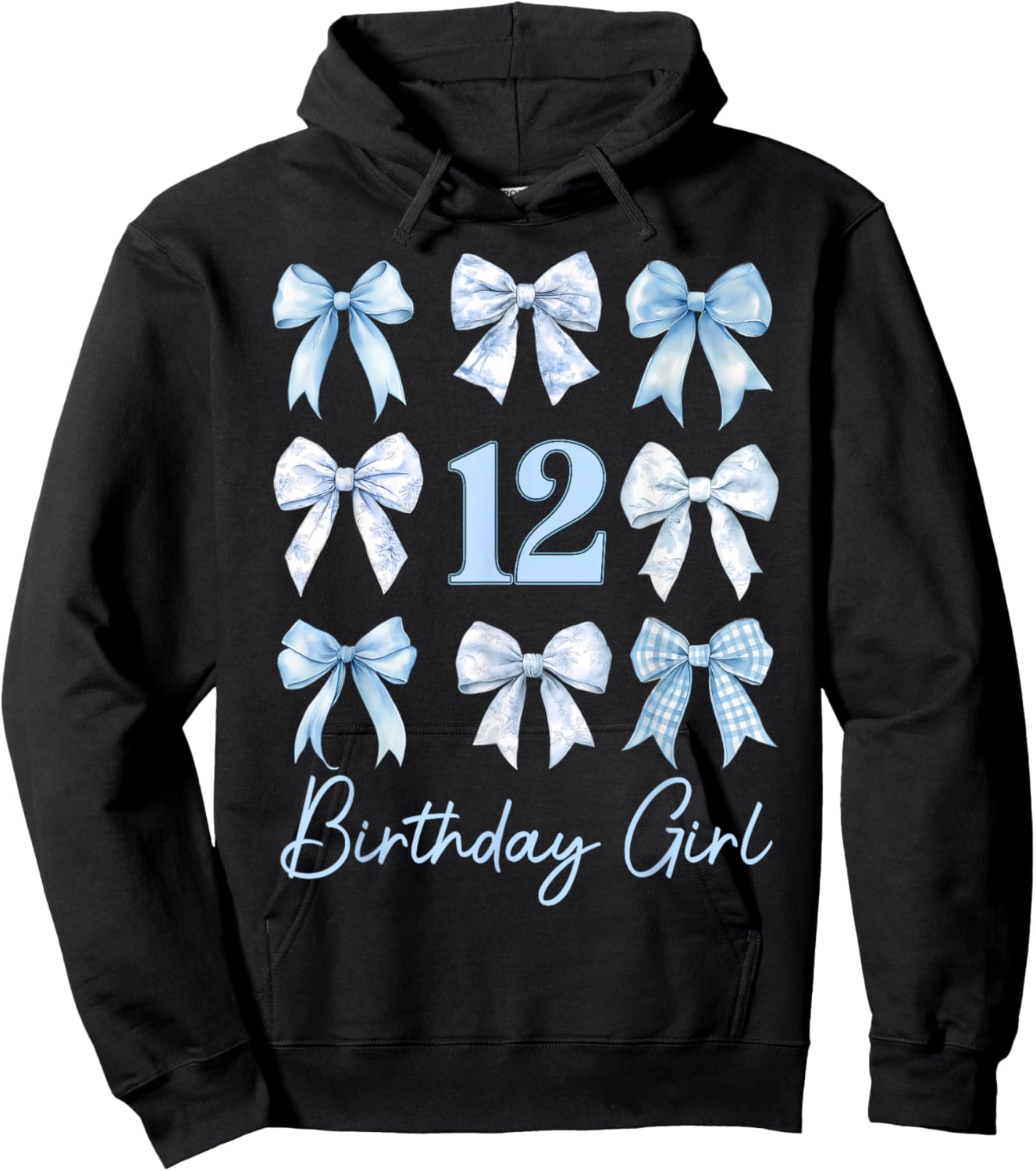Funny 12th Birthday Girl Blue Coquette Bow 12 Year Old Kids Hoodie - Hoodie | Black