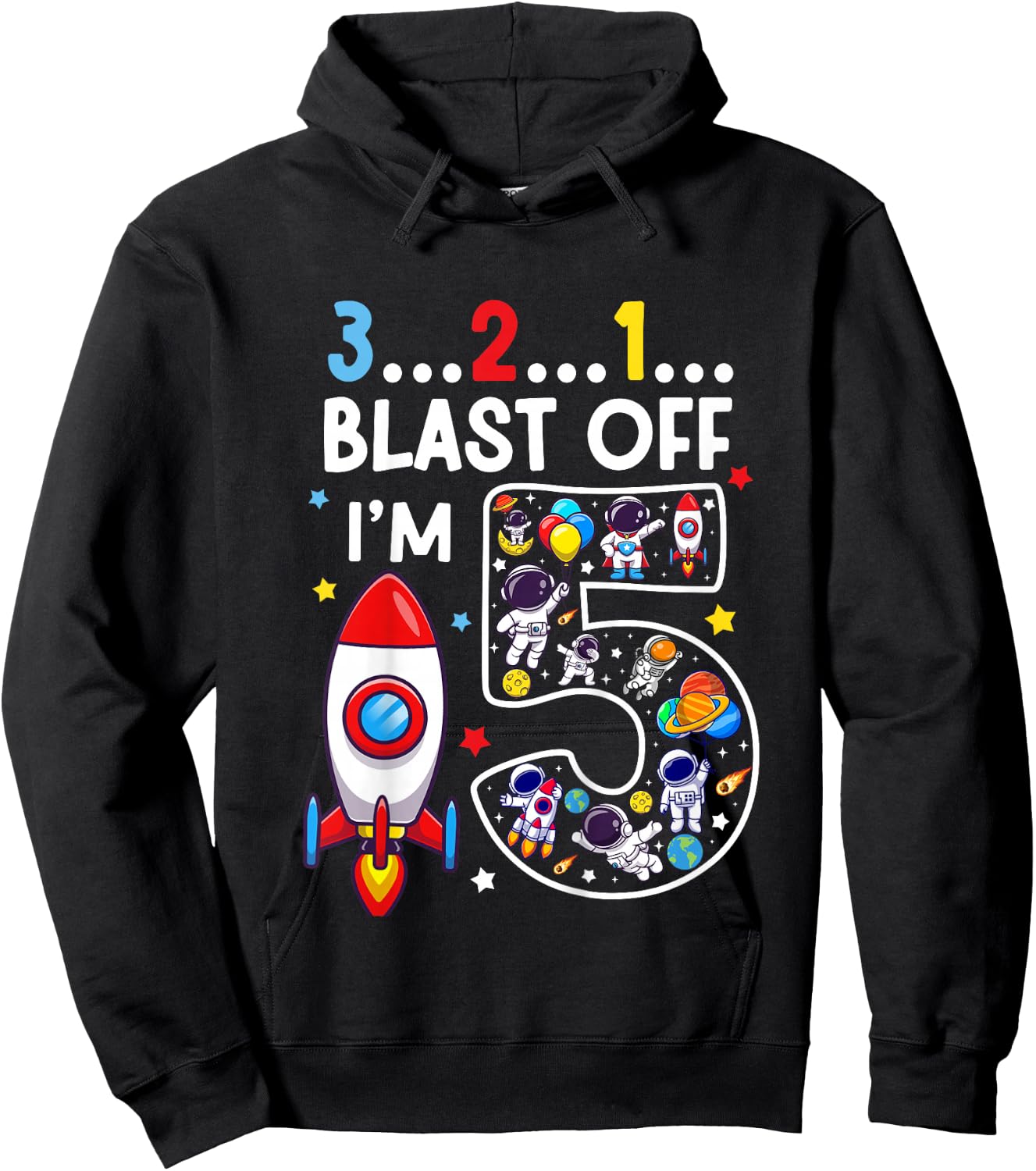 Kids 5 Year Old Astronaut Outer Space Birthday 5th Birthday Boys Hoodie - Hoodie | Black