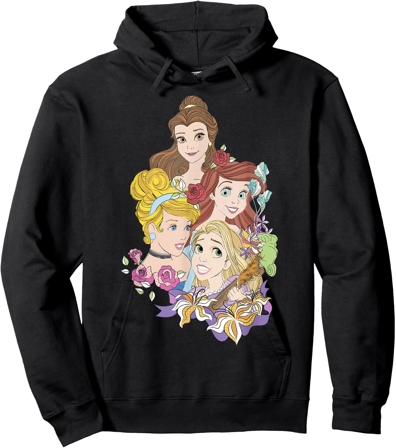 Disney Princess Floral Belle Cinderella Ariel Rapunzel Hoodie - Hoodie | Black