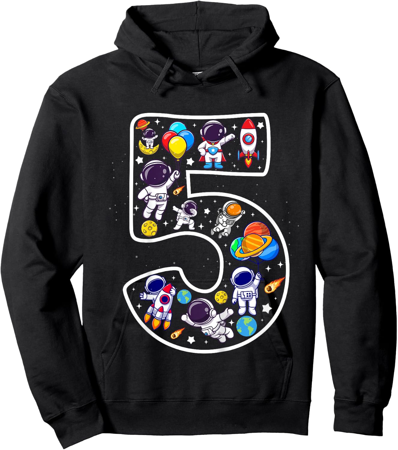 Kids 5 Year Old Boy Astronaut Space Birthday 5th Birthday Boys Hoodie - Hoodie | Black
