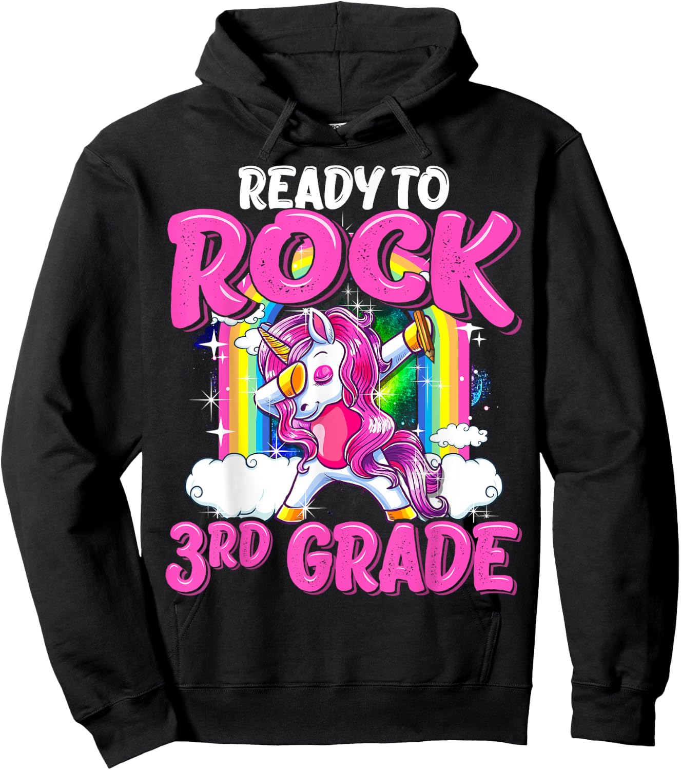 Ready To Rock 3rd Grade Dabbing Unicorn Back To School Girls Hoodie - Hoodie | Black