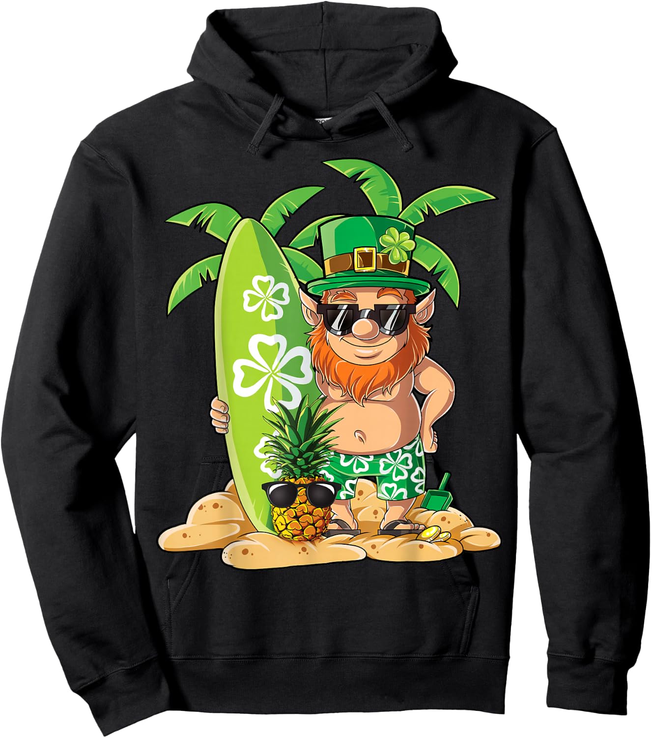 Leprechaun Hawaiian Surfing St Patricks Day Hawaii Men Women Hoodie - Hoodie | Black
