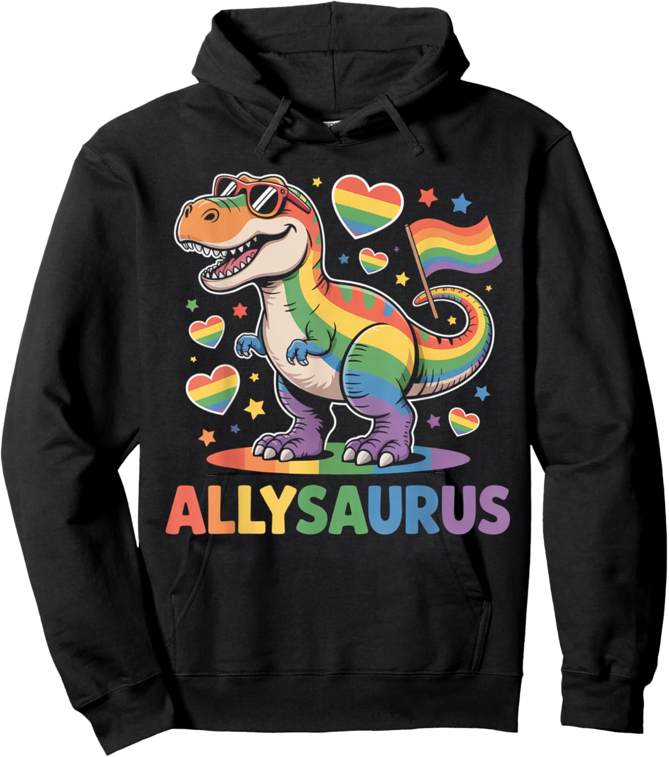 Allysaurus Dinosaur LGBTQ Ally Pride Support Rainbow Flag Hoodie - Hoodie | Black