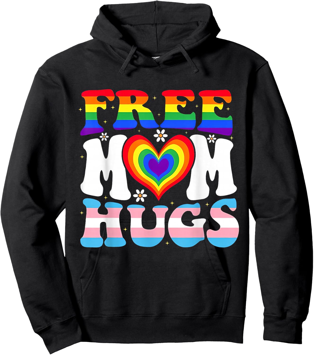 Free Mom Hugs Pride Mom LGBTQ Heart Rainbow Transgender Flag Hoodie - Hoodie | Black