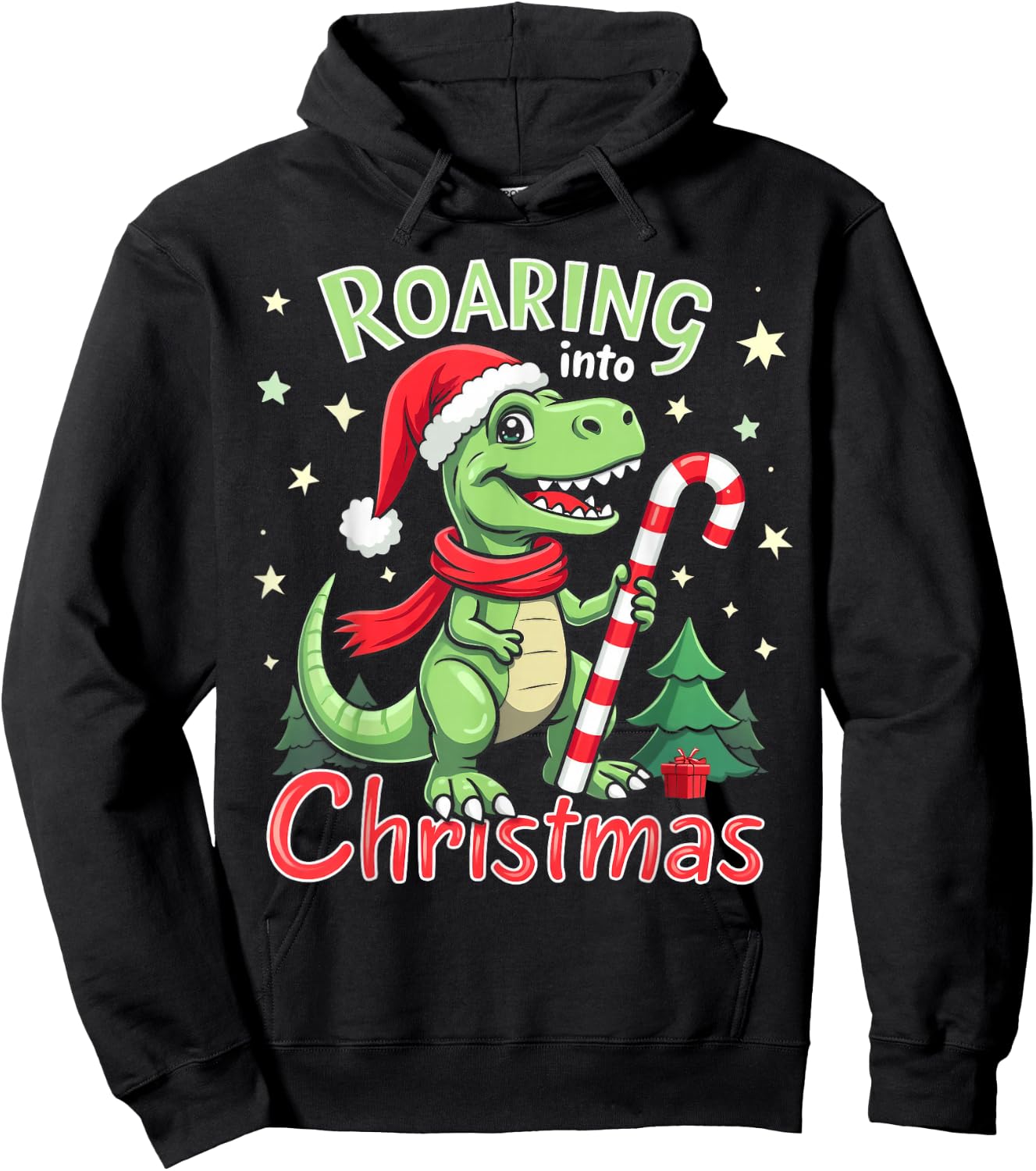 Roaring into Christmas T-Rex Santa Hat & Candy Cane Holiday Hoodie - Hoodie | Black