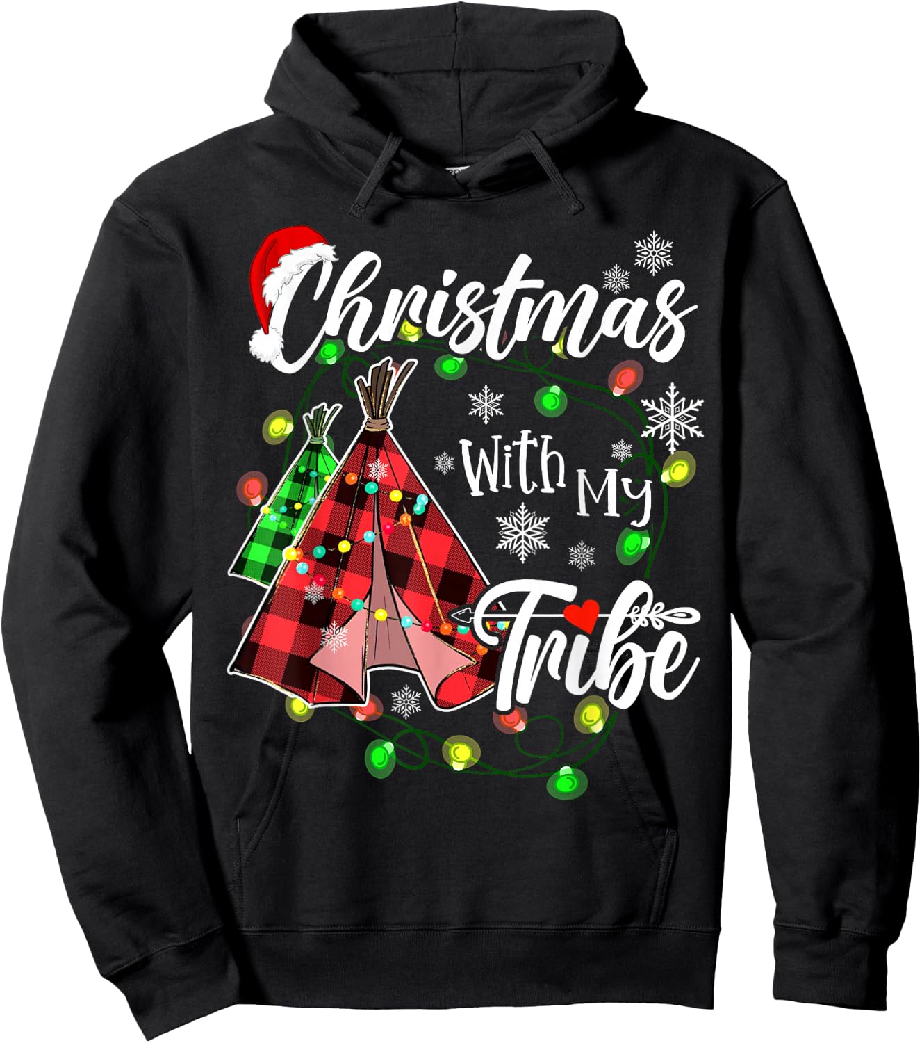Christmas With My Tribe Family Plaid Pajamas Xmas Lights Hoodie - Hoodie | Black