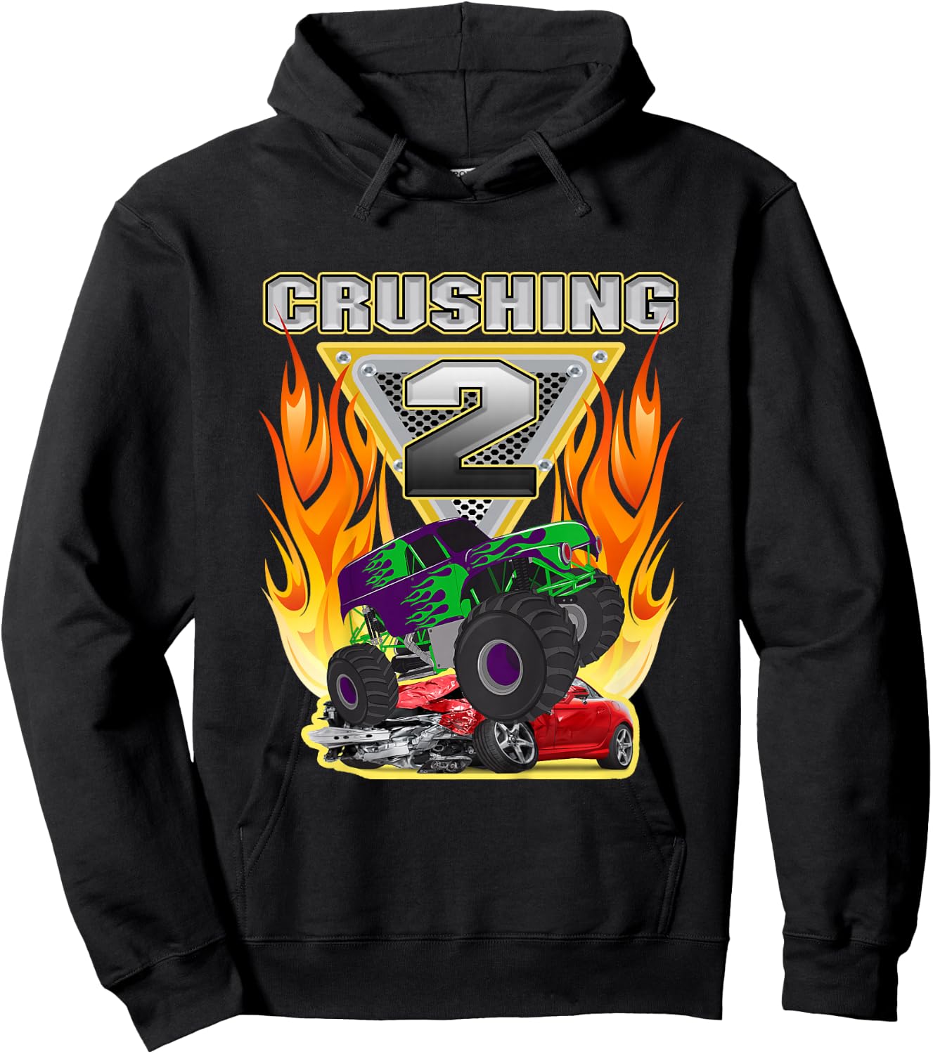 Monster Truck Crushing being 2 Two Years Old 2nd Birthday Hoodie - Hoodie | Black