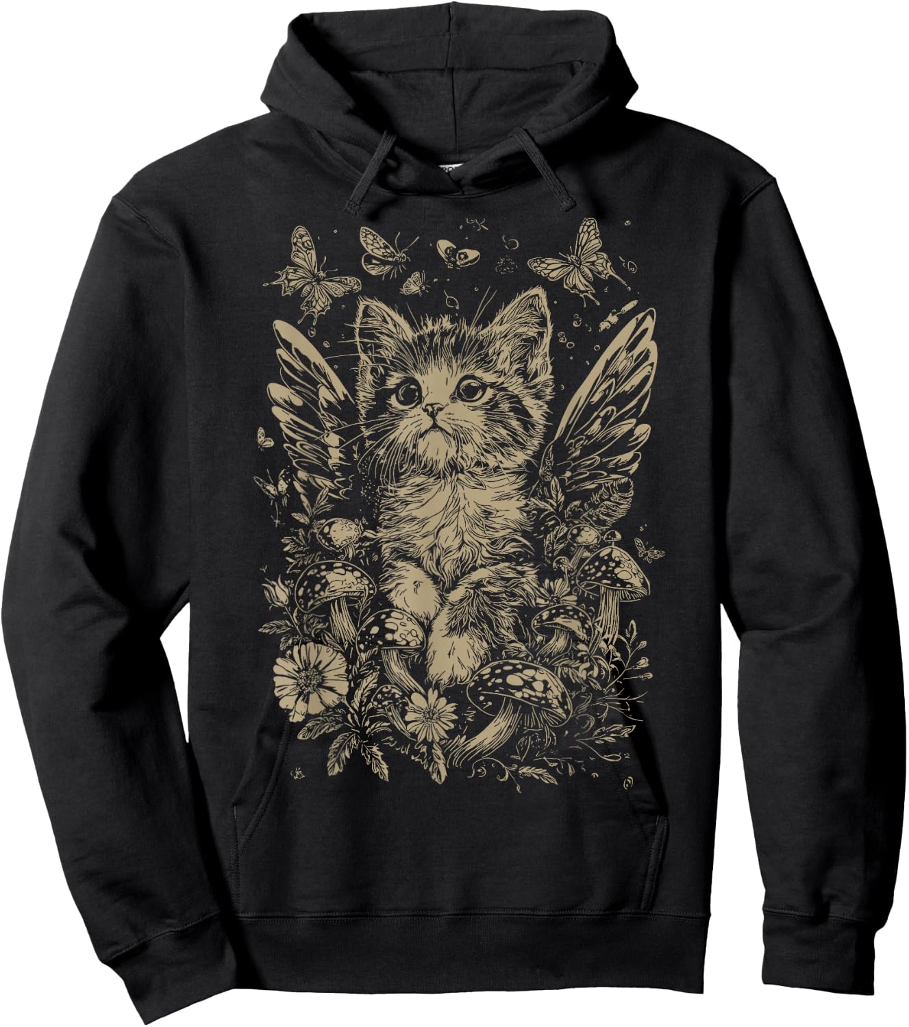 Cute Fairycore Floral Cat Aesthetic Girls Women Fairy Cat Hoodie - Hoodie | Black