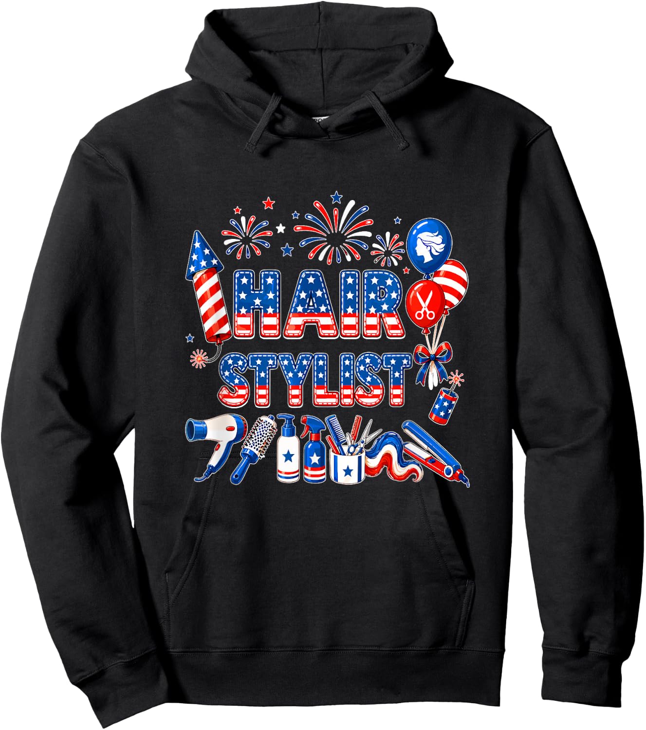 Hair Stylist 4th of July US Flag Fireworks Patriotic Team Hoodie - Hoodie | Black
