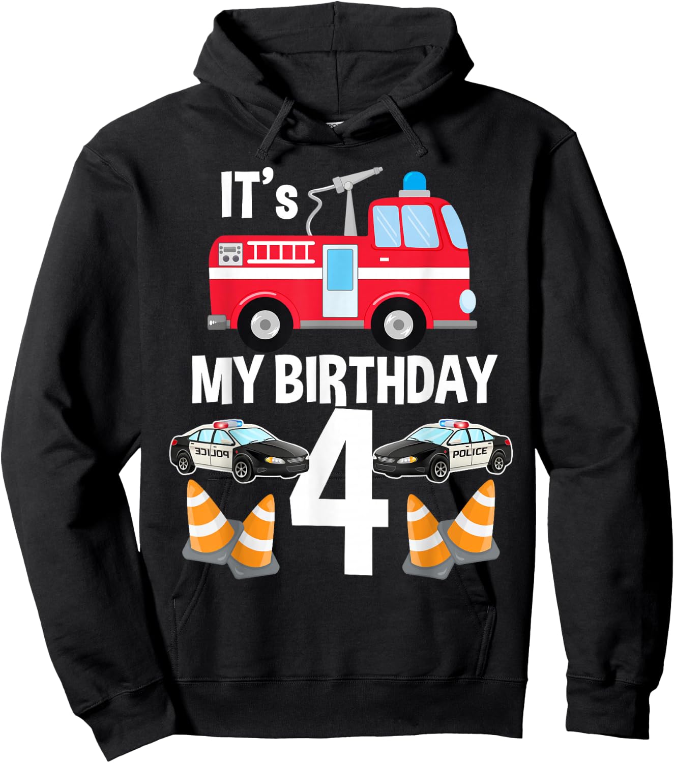 It's My Birthday Fire Truck Police Car 4th Birthday Hoodie - Hoodie | Black