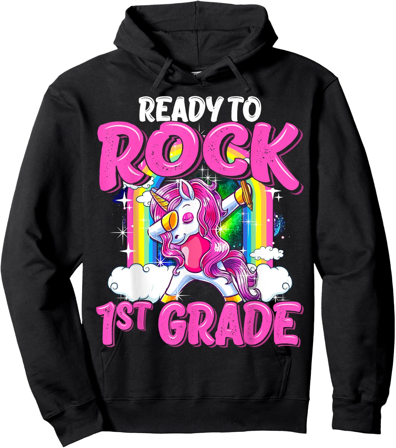 Ready To Rock 1st Grade Dabbing Unicorn Back To School Girls Hoodie - Hoodie | Black
