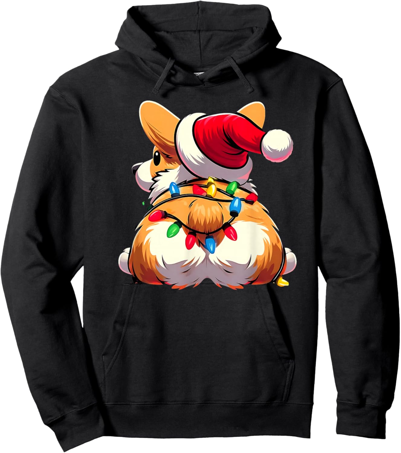 Corgi Butt Funny Xmas Santa Hat Light Christmas Cute Smile Hoodie - Hoodie | Black