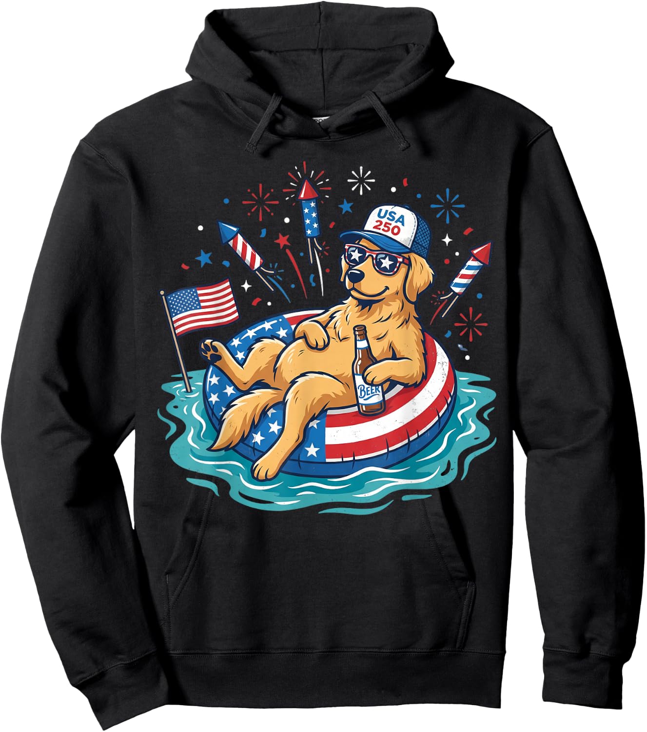 Patriotic Golden Retriever Beer Floatie USA Flag 4th of July Hoodie - Hoodie | Black