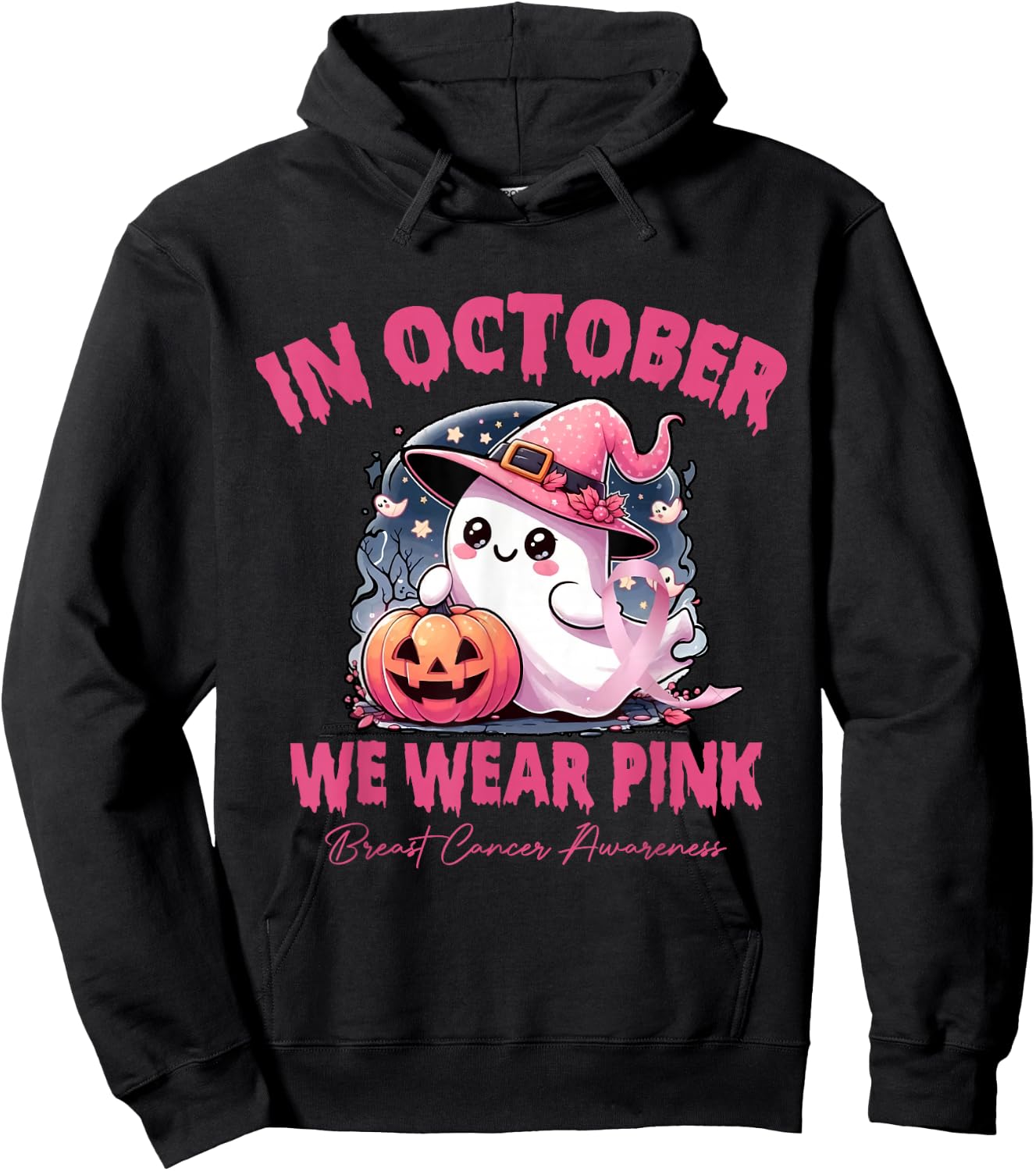 In October We Wear Pink Ghosts Breast Cancer Awareness Hoodie - Hoodie | Black