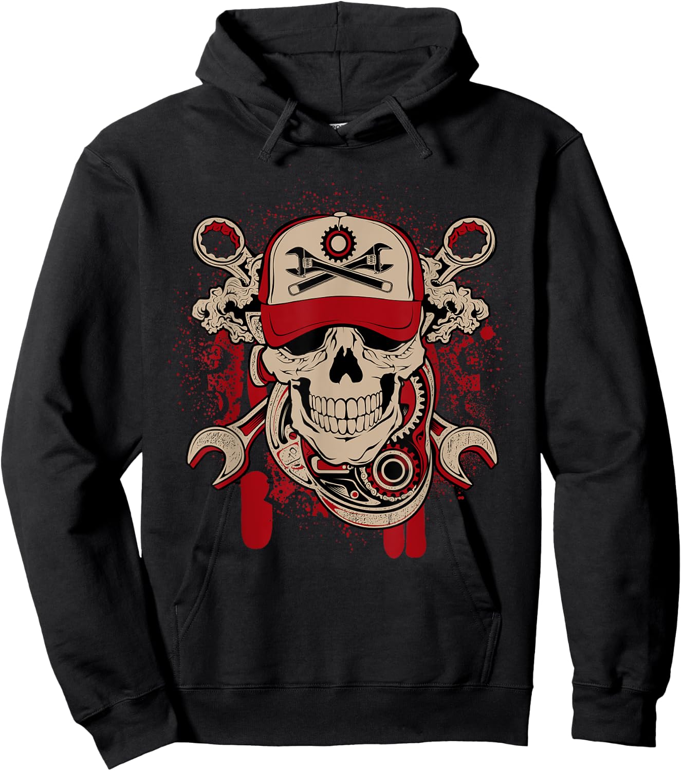 Vintage Mechanic Skull and Wrench Graphic Hoodie - Hoodie | Black