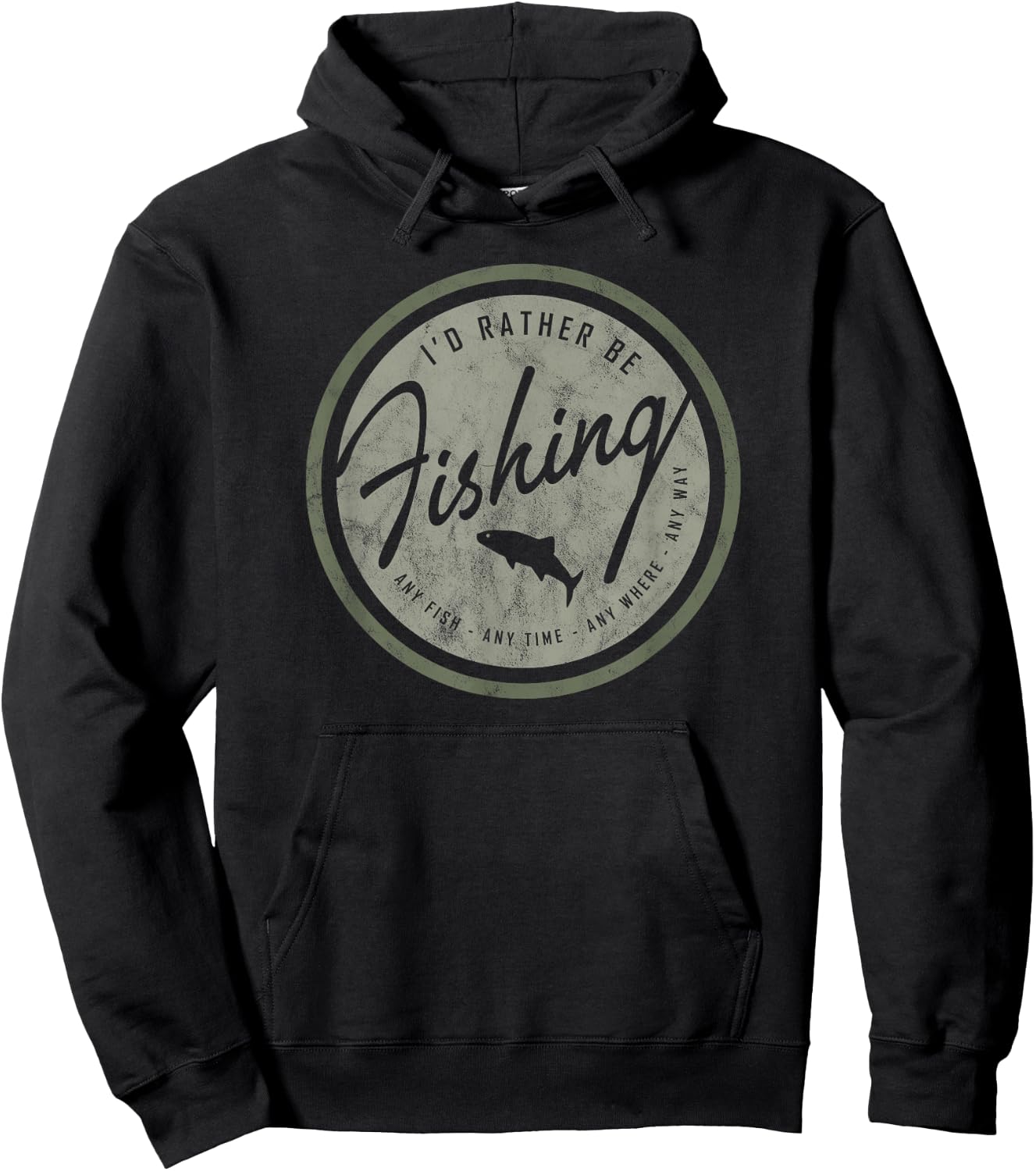 River Monkey -Adults Kids Retro Distressed Olive on Dark Fishing Small Black Short Sleeve Hoodie - Hoodie | Black