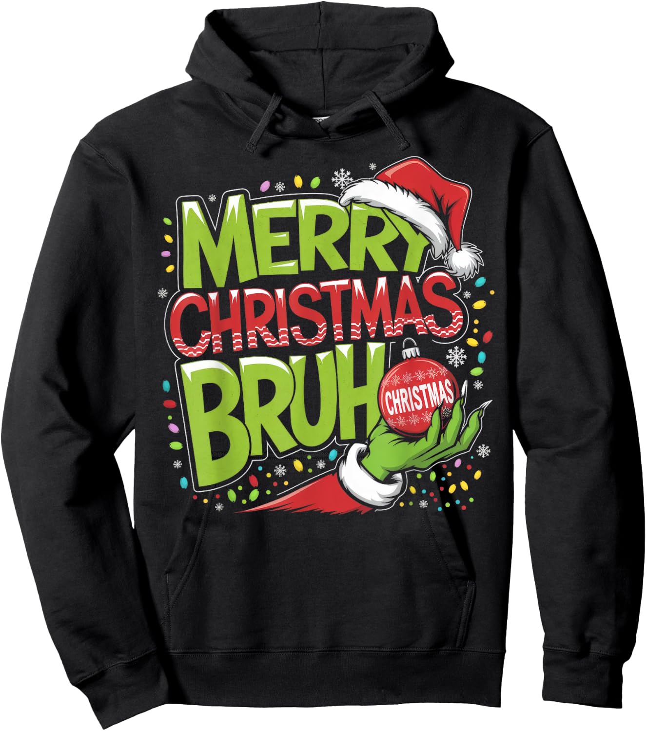 Merry Christmas Bruh Green Hand Santa Hat Xmas Family Pjs Hoodie - Hoodie | Black