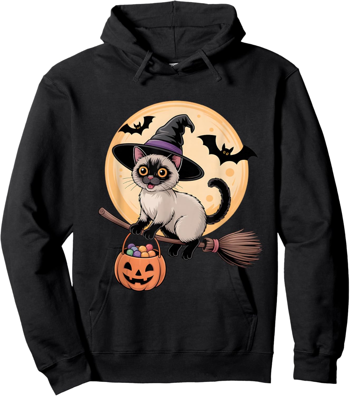 Siamese Cat Witch Hat Pumpkin Halloween Costume Men Women Hoodie - Hoodie | Black