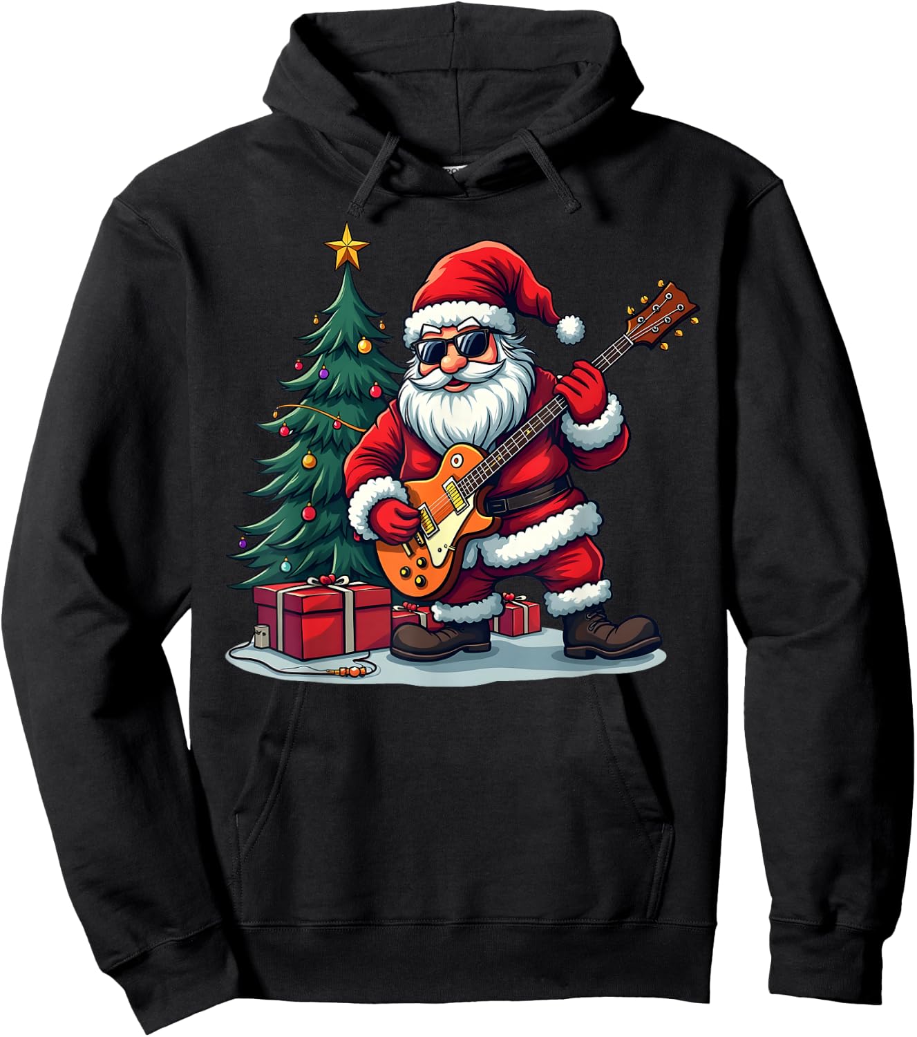 A rockstar Santa with a guitar in front of a Christmas tree Hoodie - Hoodie | Black