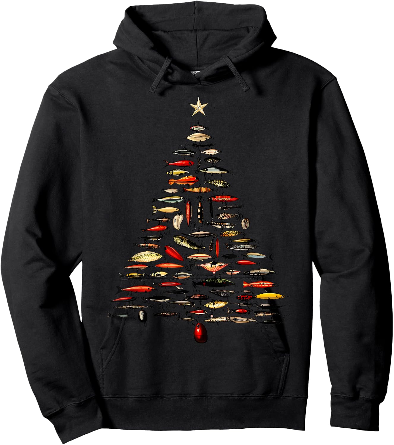Retro Fishing Lure Christmas Tree Fishermen Fishmas Pajama Hoodie - Hoodie | Black