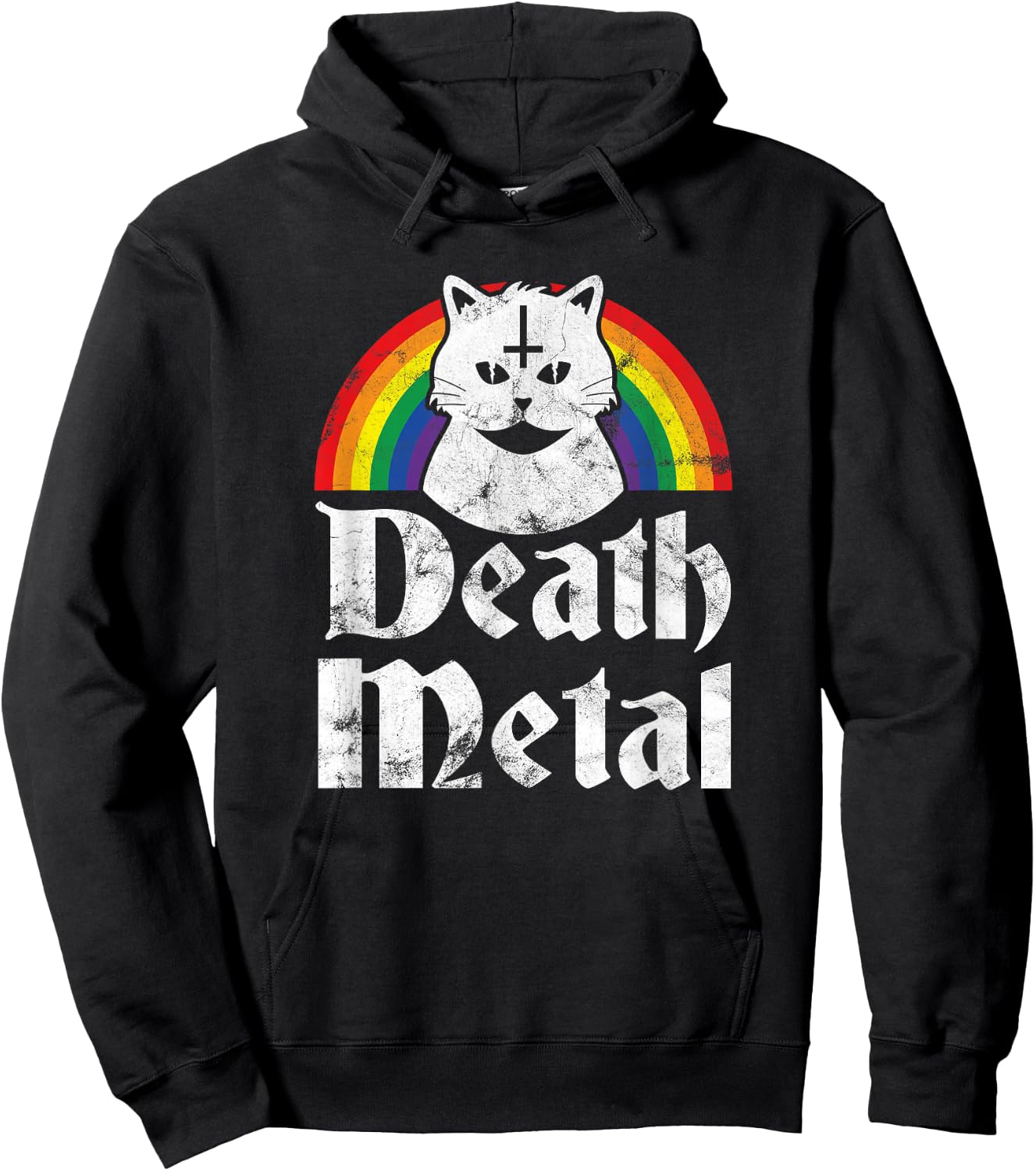 Death Metal Satanic Cat Rainbow Rock Goth Concert Hoodie - Hoodie | Black