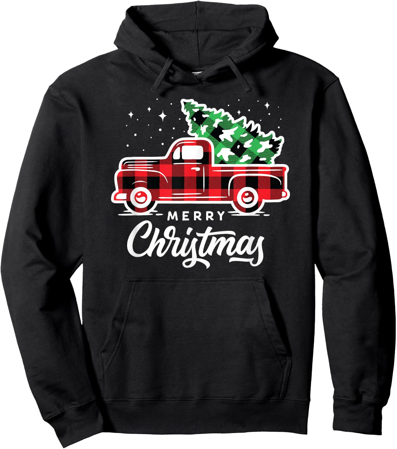 Merry Christmas Pjs Buffalo Plaid Red Truck Christmas Tree Hoodie - Hoodie | Black