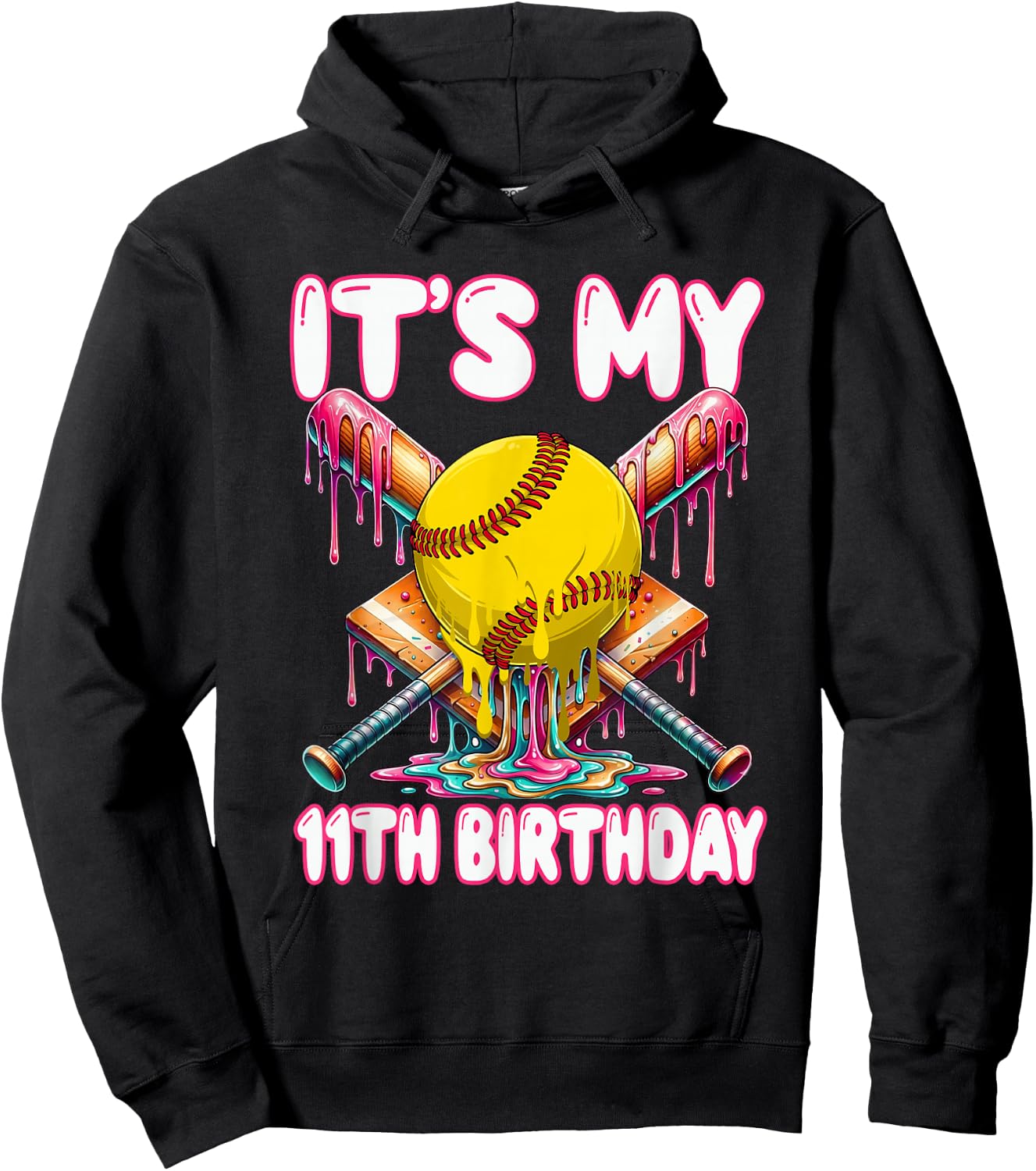 It's My 11th Birthday Softball Drip 11 Year Old Girl Party Hoodie - Hoodie | Black