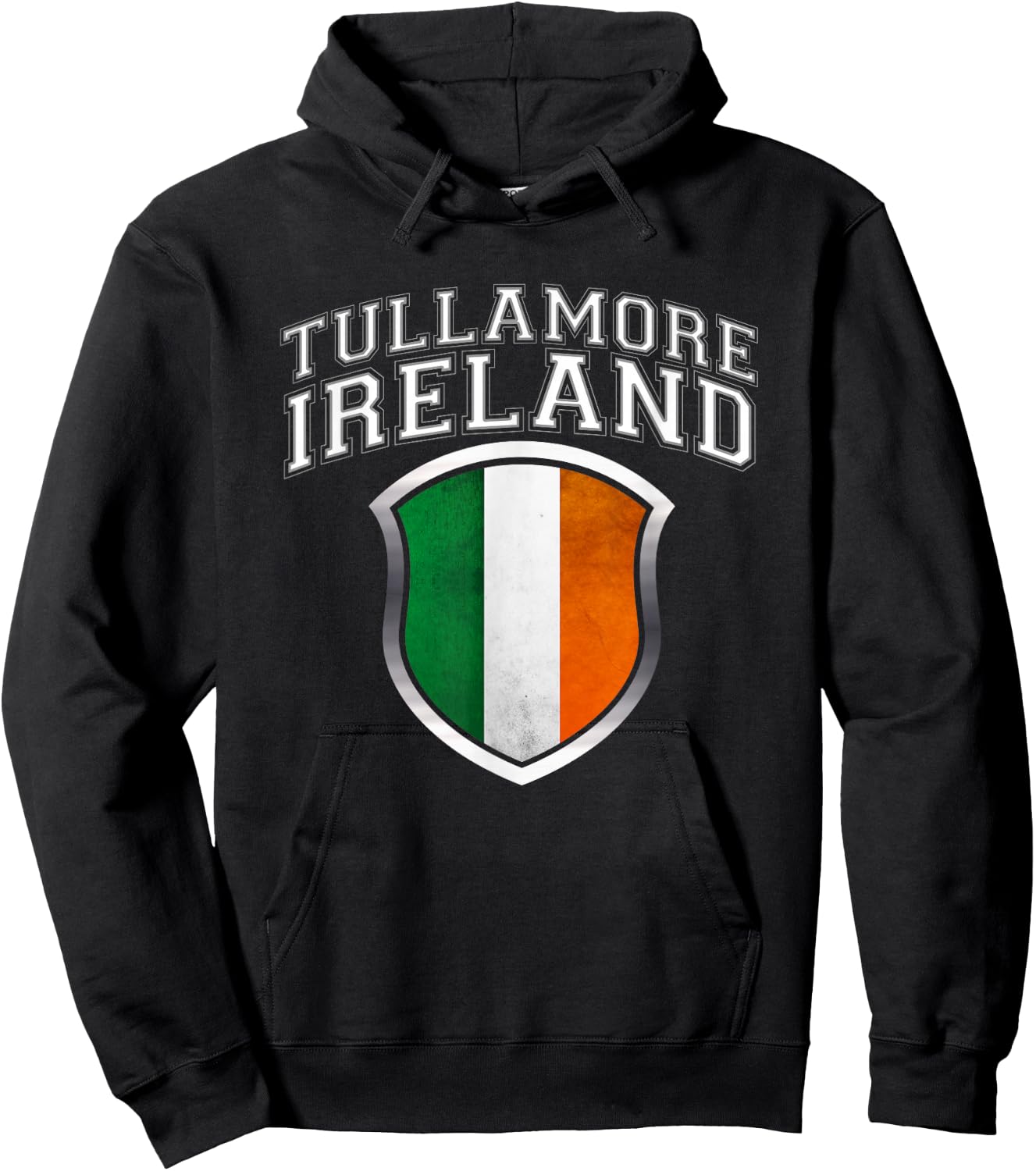 Tullamore Ireland T Shirt with Grunge Irish Flag Crest Hoodie - Hoodie | Black