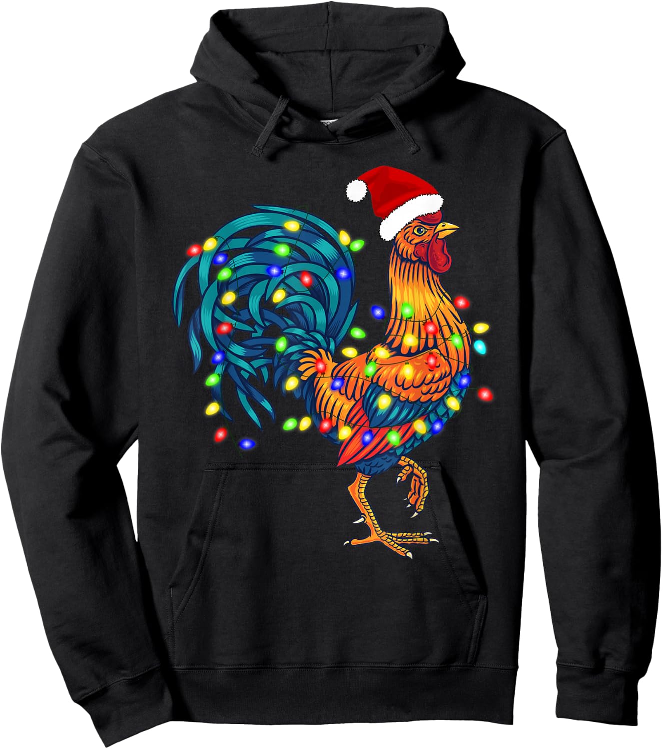 Funny Rooster Chicken Santa Christmas Lights Farmer Pajamas Hoodie - Hoodie | Black