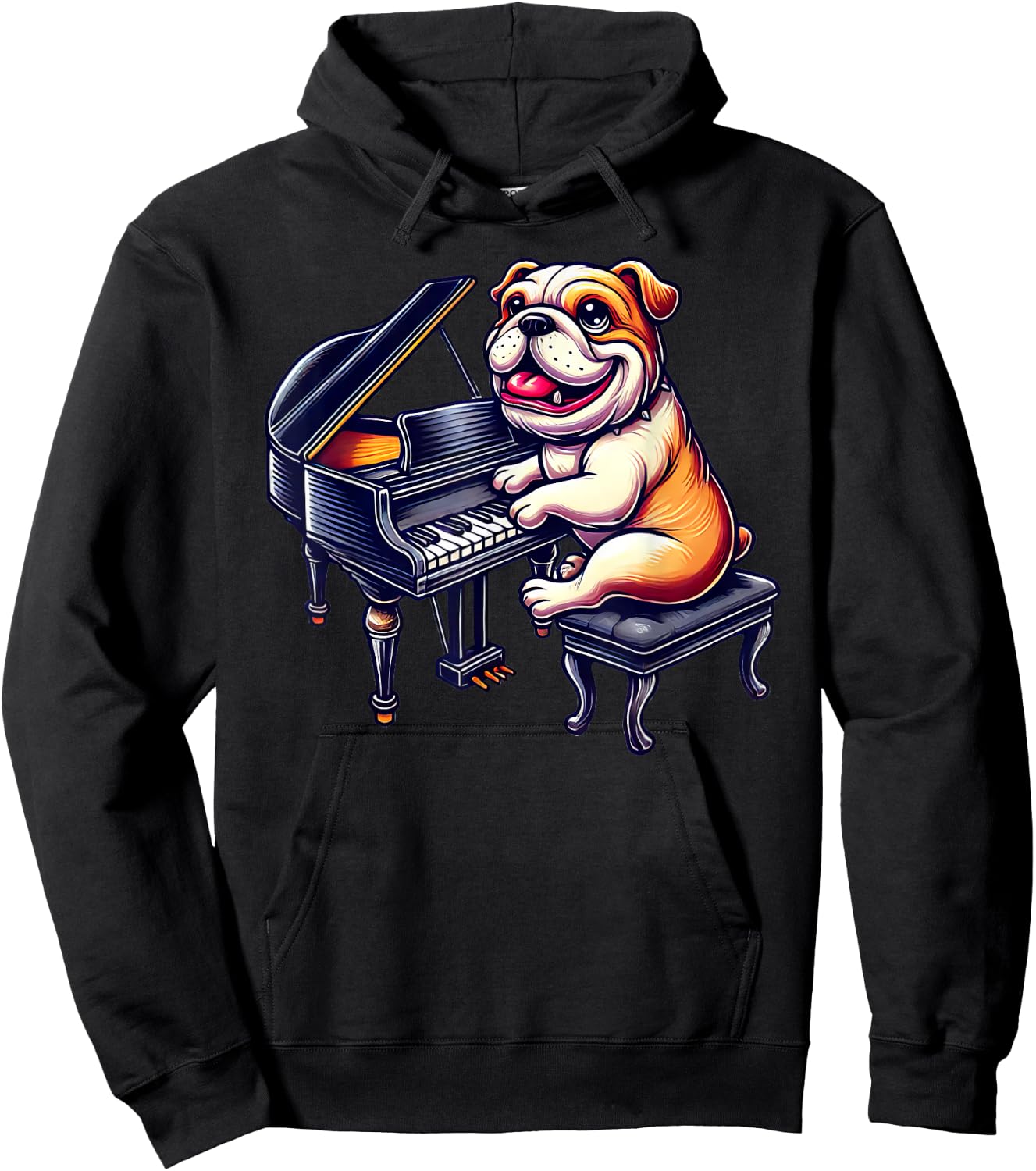 Cute English Bulldog Dog Playing Piano Musician Music Hoodie - Hoodie | Black