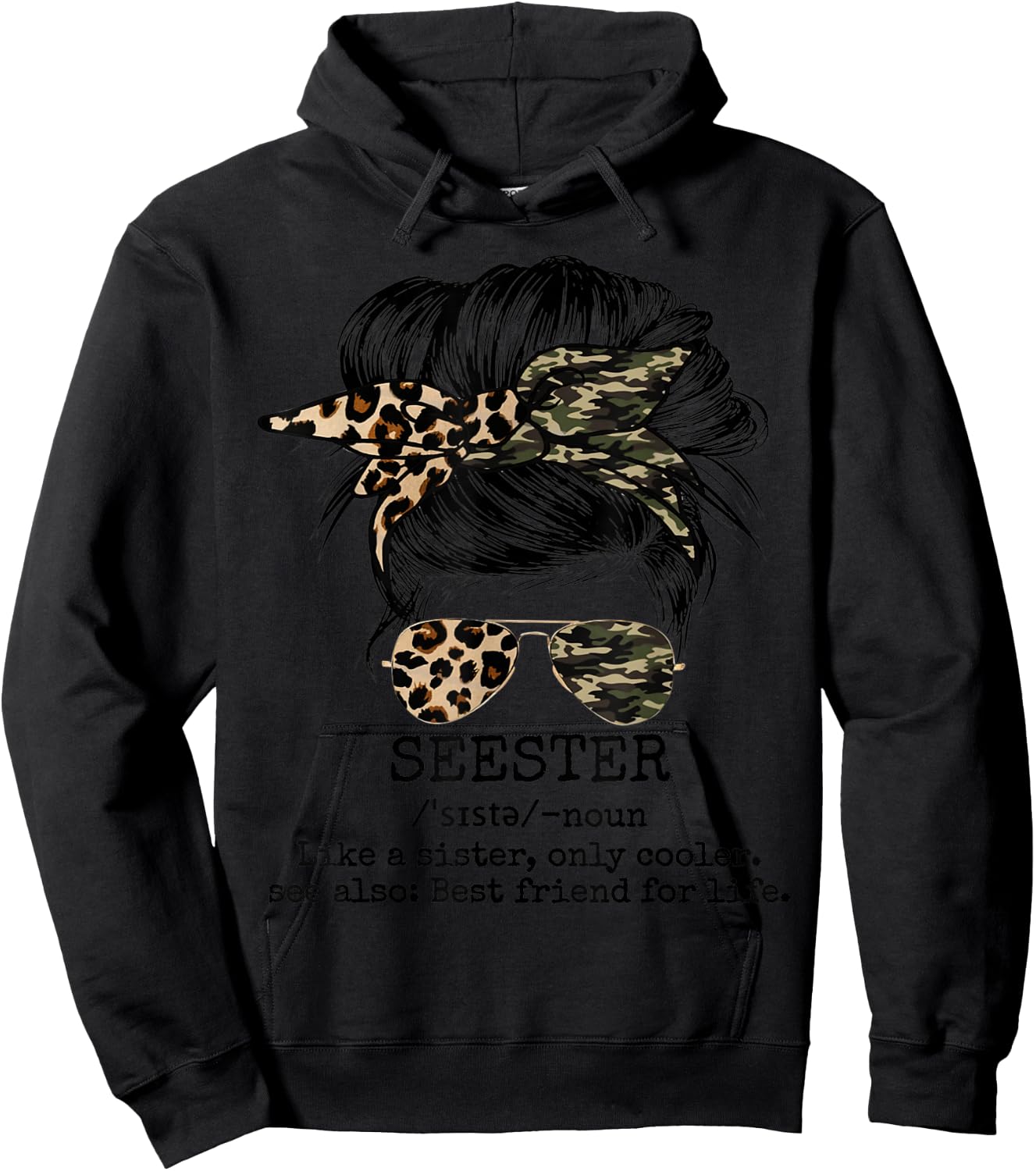 Seester Definition Messy Bun Camo Cheetah Hoodie - Hoodie | Black