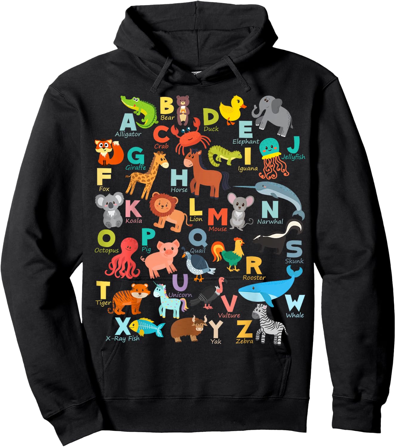 Alphabet Animal ABCs Learning Shirt for Boys, Girls, Adults Hoodie - Hoodie | Black