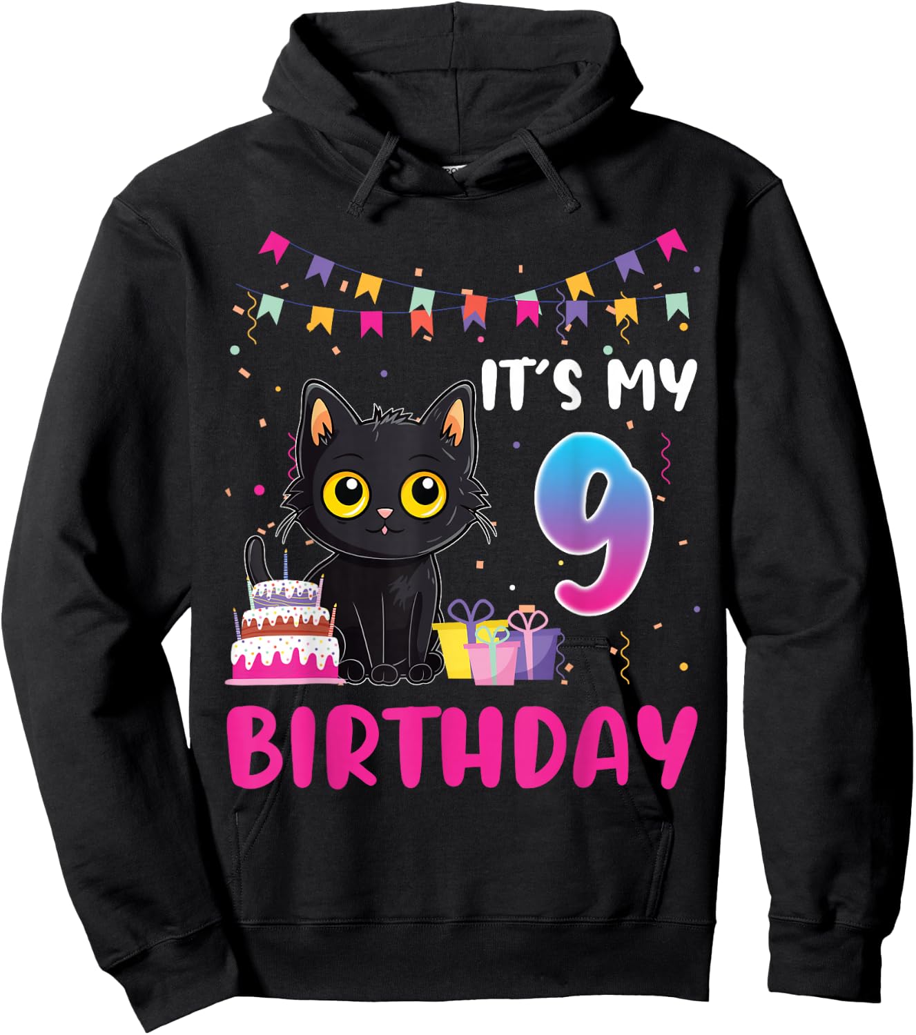 It's My 9th Birthday Cat 9 Years Old Birthday Party Hoodie - Hoodie | Black