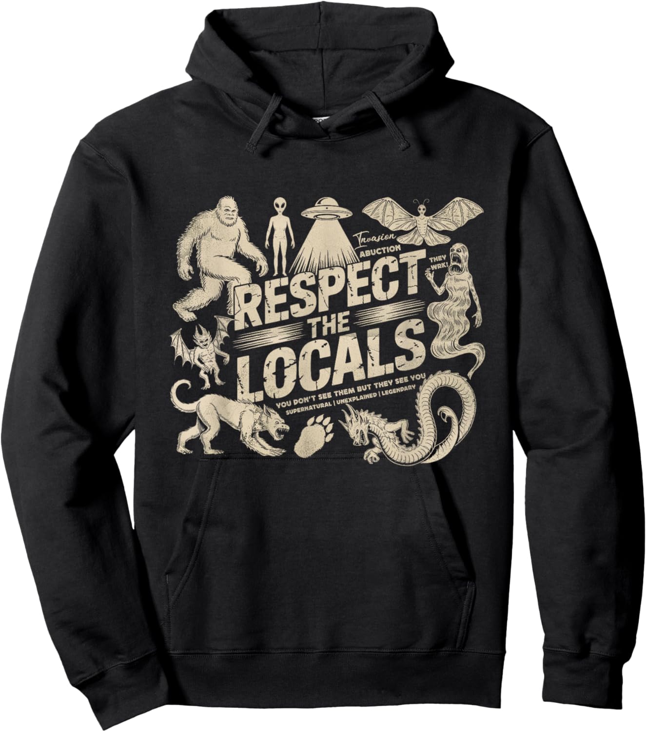 Respect The Local Cryptids Folklure Funny Bigfoot Alien Hoodie - Hoodie | Black