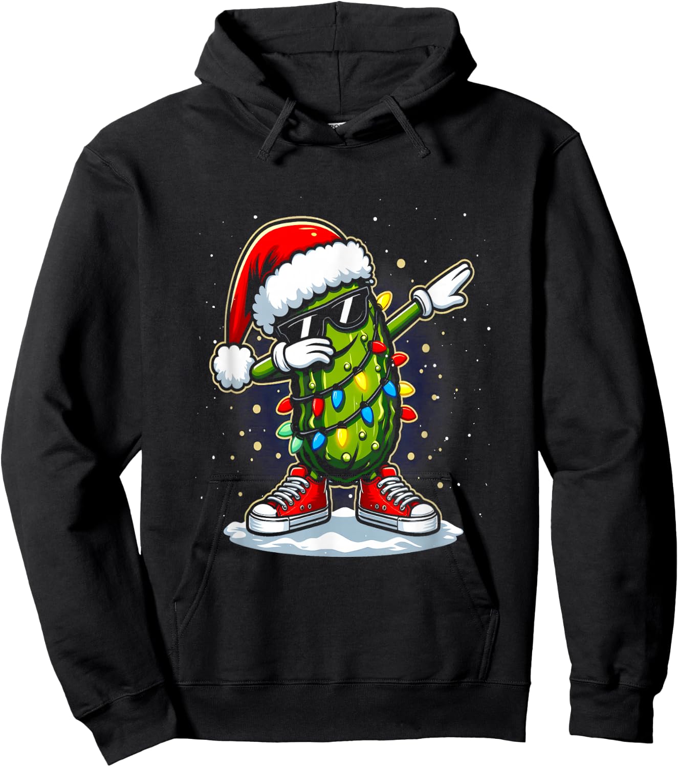Merry Christmas Pickle Cucumber Dabbing Santa Hat Lights Hoodie - Hoodie | Black