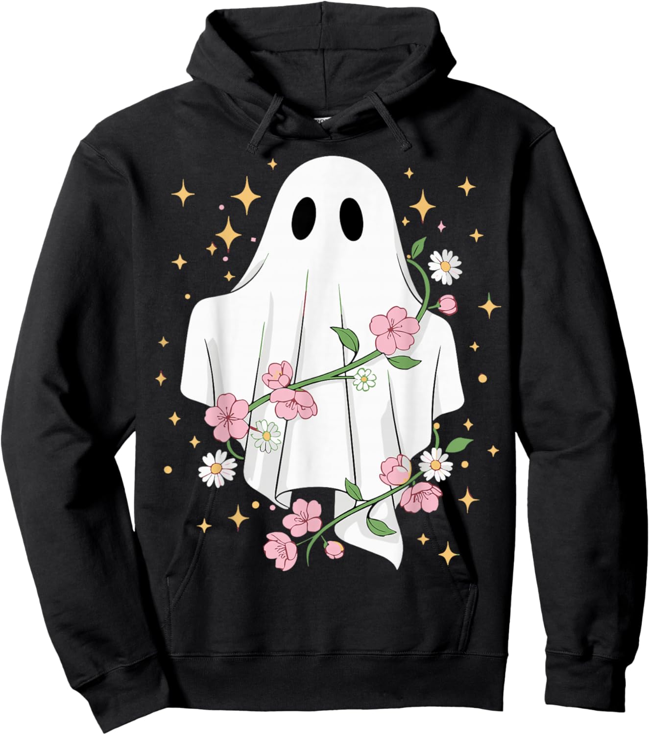 Cute Ghost with Flowers Halloween Hoodie - Hoodie | Black