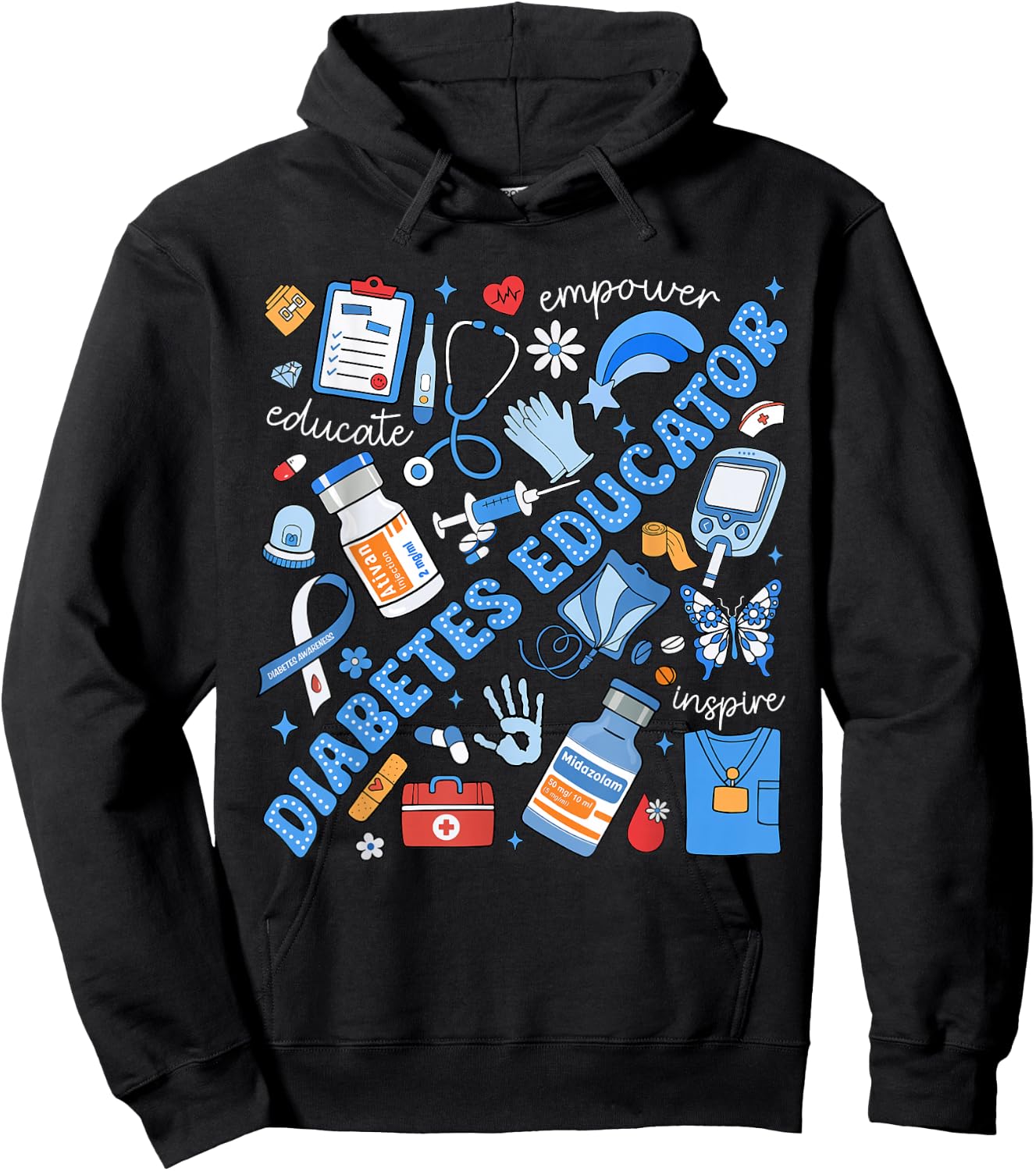 Diabetes Educator Support Diabetes Awareness Blue Ribbon T1D Hoodie - Hoodie | Black